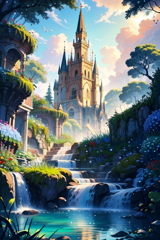 (Illustration:1.3), (Secret Garden), lozano, floral, Rosa, (Cerezos en flor,botanical), summer morning (azul claro)cielo, Nube flotante, sunlight reflecting off the flours and the small river of water flowing through the garden (realista:1.5), (buen sombreado), Buena arquitectura, volumetric lighting, cinematographic, fantasy forest garden, (of the highest quality, premiado, obra maestra:1.5),