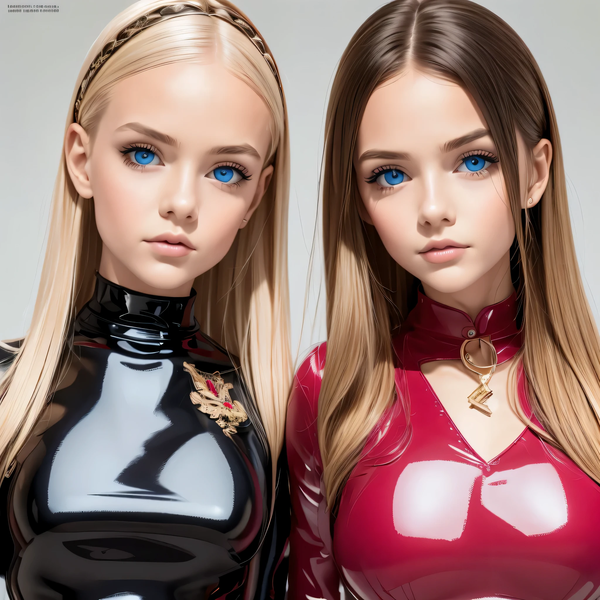 Meisterwerk, top quality, realistisch, Ultra-realistic portrait, beautiful female twins in transparent latex blouses, Shiny natural skin texture, Latexbluse in pink und light-Blau, Latex blouse buttoned, perfekte Anatomie, Perfect female body, identisches Gesicht, vollbusig, atemberaubende Augen, Ultra detaillierte Augen, schlanke Taille, rote Lippen, Blondes Haar perfekt gestylt, pinke und goldene Ohrringe, 2 beautiful girls, lebendige Farben, scharfer Focus, UHD resolution, Ultra hoch detailliertes Bild, Award-Winning-Foto,