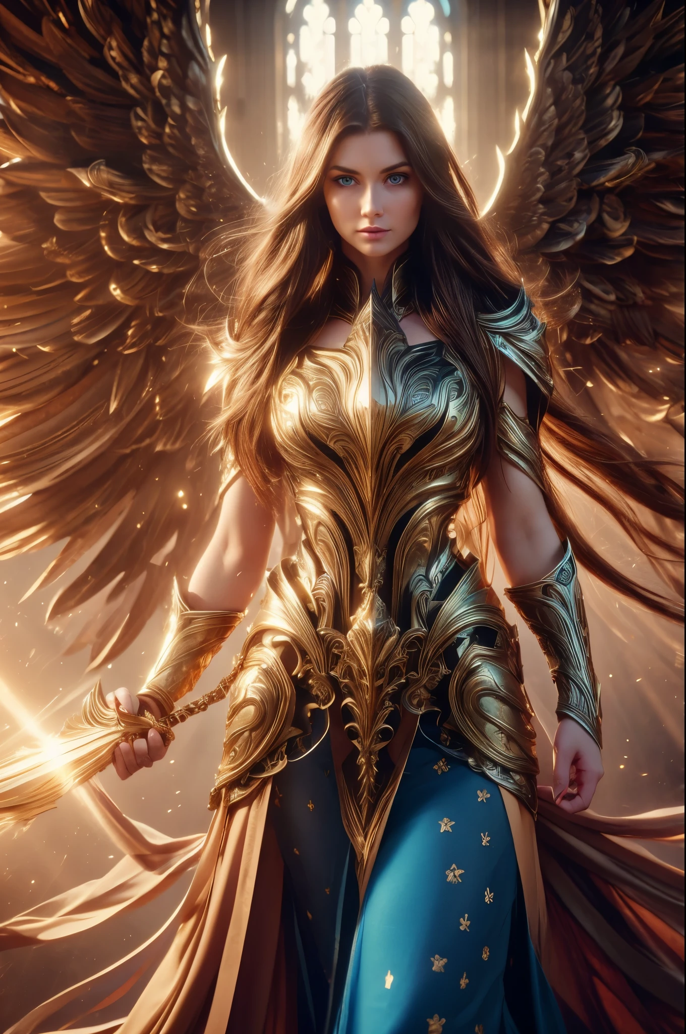 WINGED WOMAN, SAINT WOMAN, HUGE LONG HAIR, BROWN HAIR, HUGE BROWN FEATHERS, LONG BLUE DRESS, PALE SKIN, BLUE EYES, LIGHTING EYES, ROSY CHEEKS, MENTAL FORAMEN, ATHLETIC BODY, MUSCLES, LIGHTING AURA, GOLD BRACELETS, GOLD GAUNTLETS, BACKLIGHTS, SUN, RIVER, SAINT WOMAN, FRONT BODY VIEW, ANGEL FROM HEAVEN