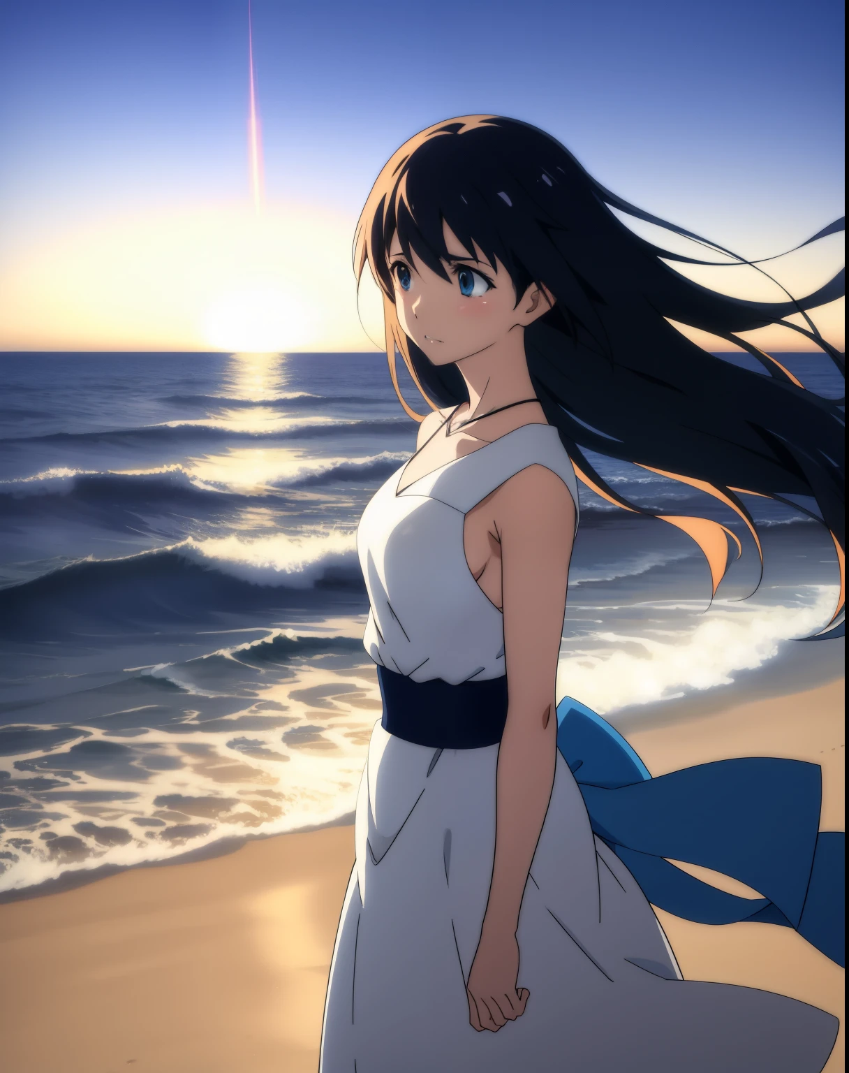 An anime girl standing on a beach, waves crashing in the background. Beautiful, dynamic angle, bright colors, detailed face, flowing hair, wind blowing through hair. In the style of Makoto Shinkai, with a realistic and cinematic aesthetic.
Keywords: anime girl, beach, Makoto Shinkai, realistic, cinematic, bright colors, wind blowing through hair, detailed face, flowing hair, sparkling eyes.
