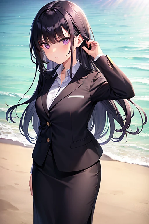 1girl, black hair, purple eyes, long hair, beach background, suit, office lady, black skirt, black blazer, pencil skirt, skirt suit, medium skirt, white shirt, collared shirt, long hair, teenager, looking at viewer, full body, high school girl, jk, 15 year old girl,