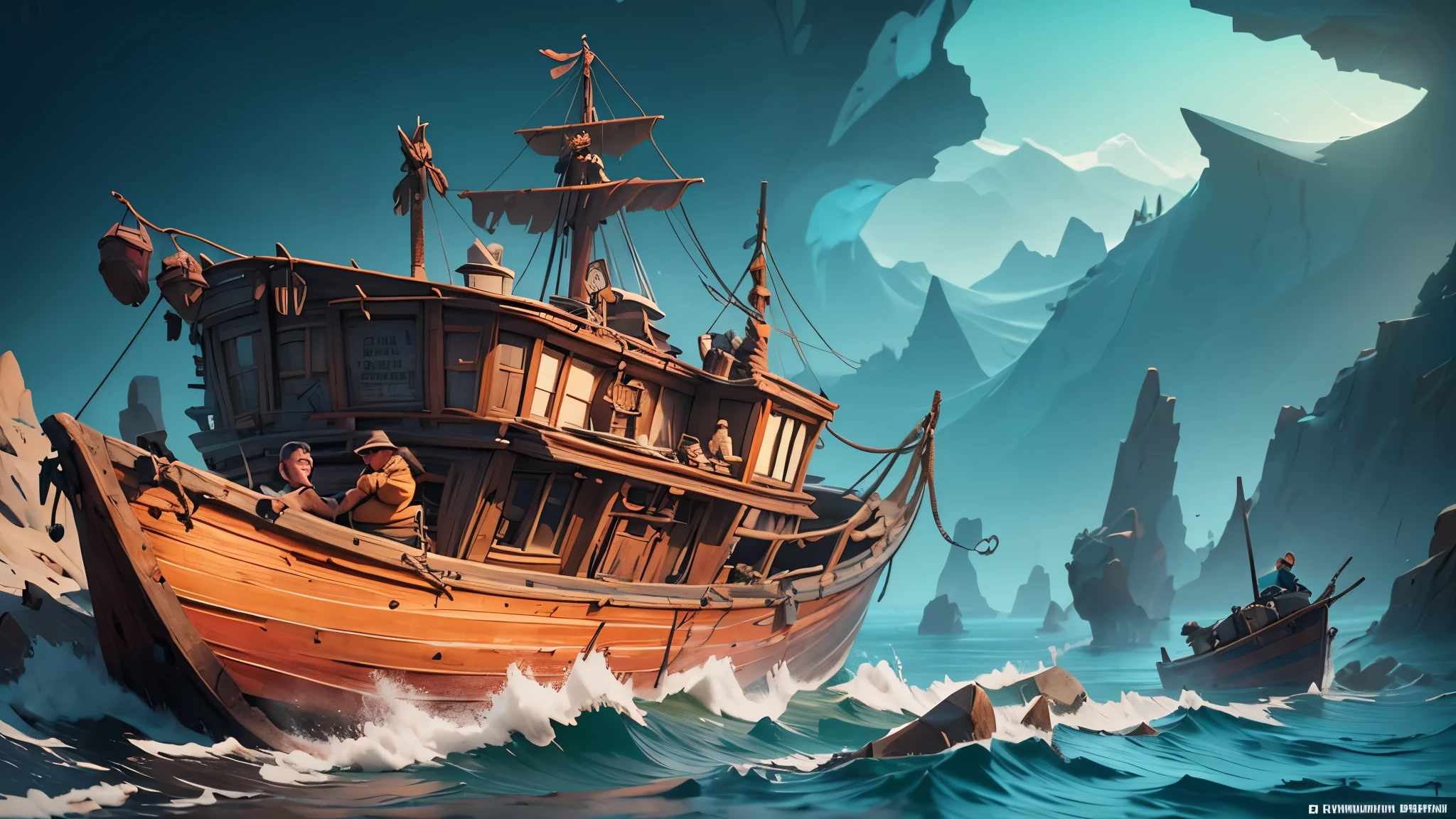 "Create an image with maximum quality, advanced details, cinematic style, and a cartoonish touch, depicting a man stranded on an island after his boat has shipwrecked. Explore advanced techniques to blend realistic elements with a cartoon style, highlighting the expressiveness of the character and the details of the island environment. Use immersive lighting to bring the scene to life, conveying a sense of isolation and adventure. The final image should capture the unique atmosphere of the island, incorporating the charm of cartoon style and the sophistication of cinematic aesthetics."