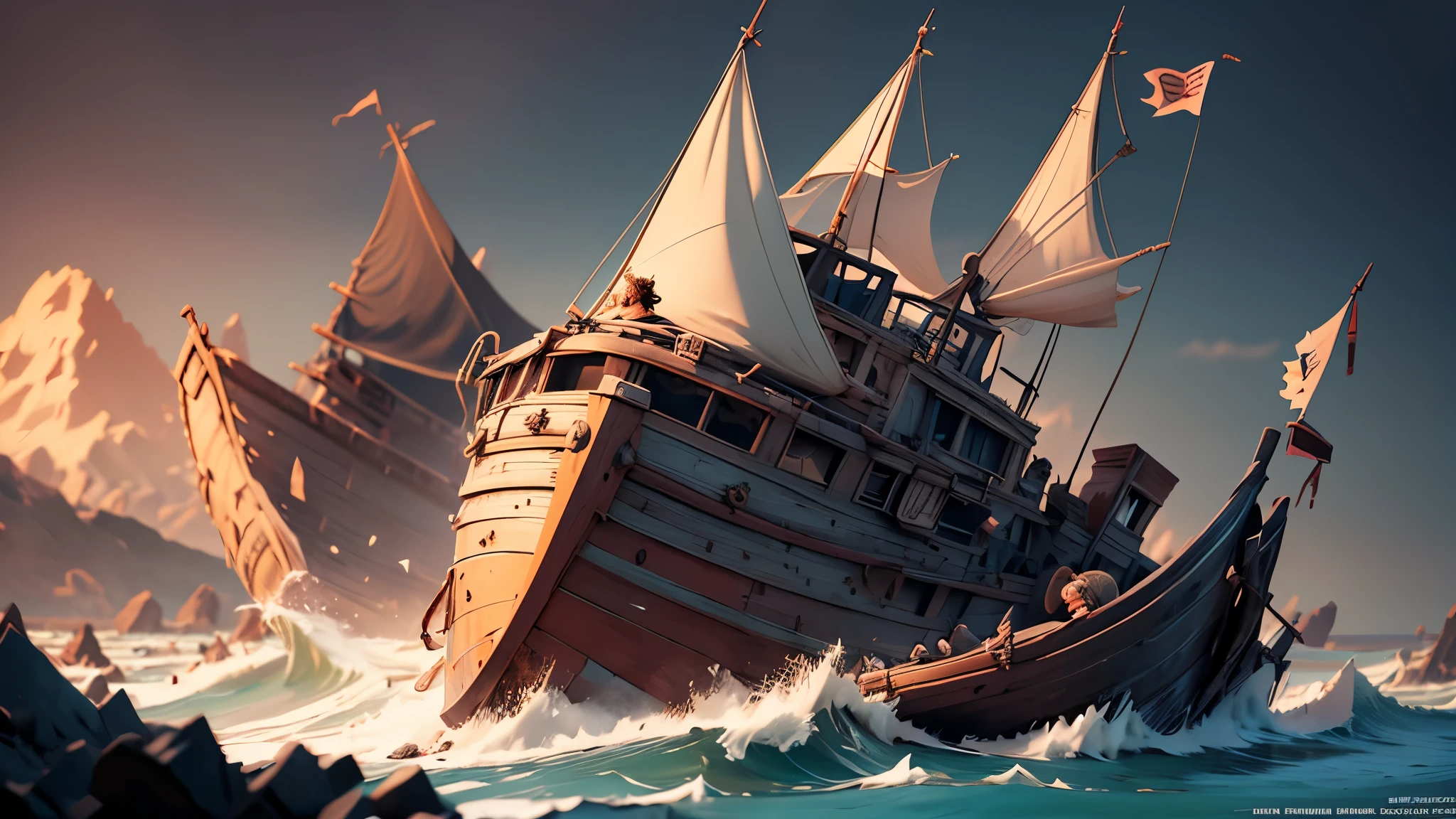 "Create an image with maximum quality, advanced details, cinematic style, and a cartoonish touch, depicting a man stranded on an island after his boat has shipwrecked. Explore advanced techniques to blend realistic elements with a cartoon style, highlighting the expressiveness of the character and the details of the island environment. Use immersive lighting to bring the scene to life, conveying a sense of isolation and adventure. The final image should capture the unique atmosphere of the island, incorporating the charm of cartoon style and the sophistication of cinematic aesthetics."