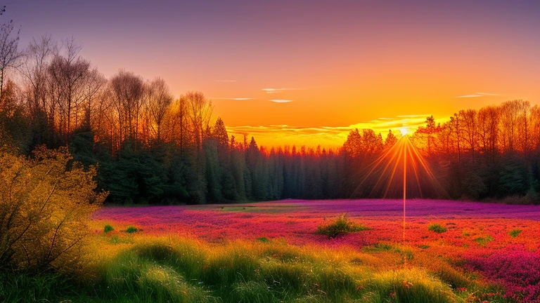 (best quality,4k,8k,highres,masterpiece:1.2),ultra-detailed,(realistic,photorealistic,photo-realistic:1.37), sparkling landscape, fiery, pink-red sunset, walking through the forest, magical, shimmering.