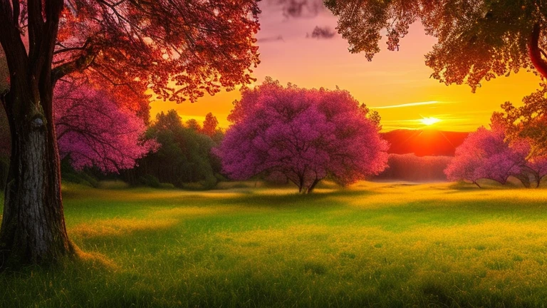 (best quality,4k,8k,highres,masterpiece:1.2),ultra-detailed,(realistic,photorealistic,photo-realistic:1.37), sparkling landscape, fiery, pink-red sunset, walking through the forest, magical, shimmering.