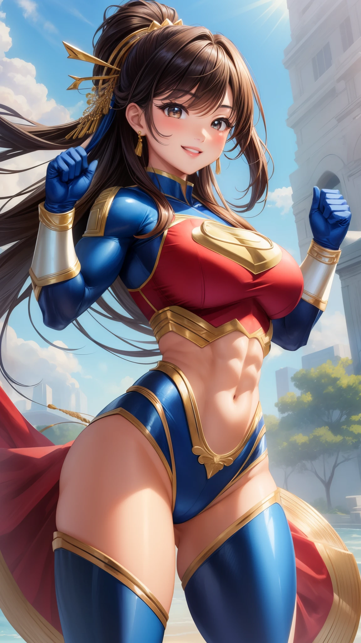 masterpiece, asian girl, perfect face, idol, accurate boobs, perfect boobs, ((athletic body, muscular body) ) , smiling, fullbody, young face, juicy body, (superhero suit)