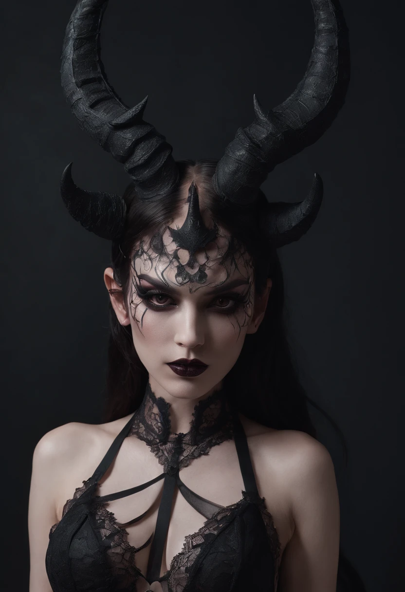 breathtaking demon woman with horns dressed in sexy lingerie posing for a photo in a dark minimal studio, darksynth aesthetic, minimal background, goth makeup, bizarre fashion photography, ultra detailed, masterpiece.