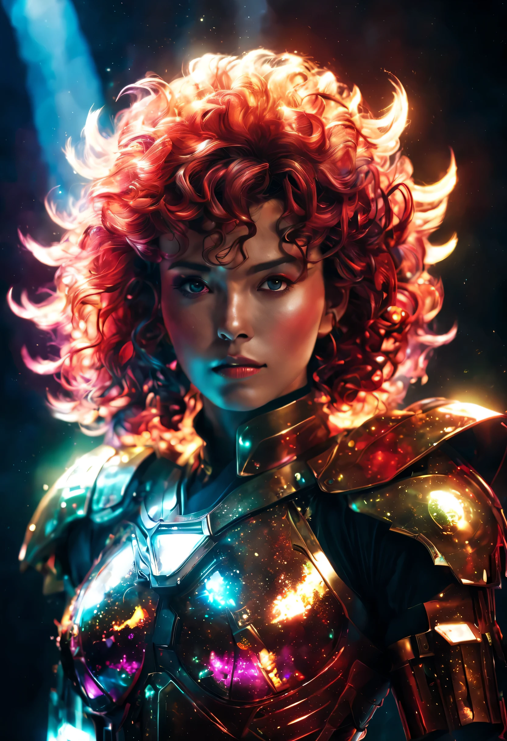 80’s sci fi anime, A brave female warrior with a big perm hair got lost and it’s floating aimlessly. Prism lights and flares, crystal face, akira style brush and shadows, high saturation, long shot.