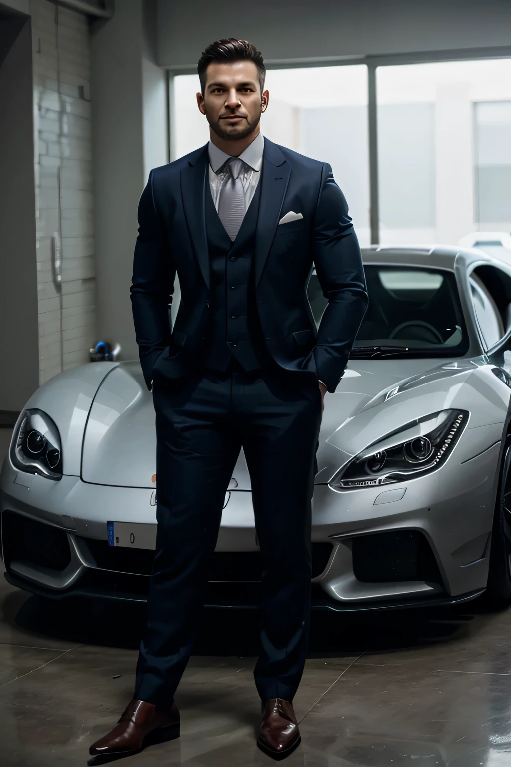 muscular guy in dress suit happy standing besides his super car
