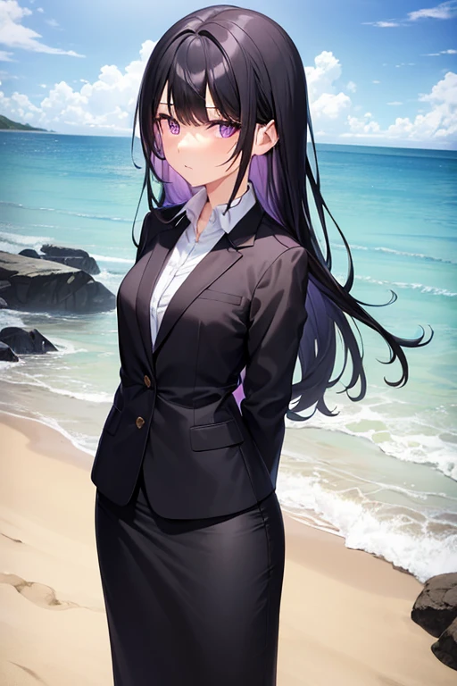 1girl, black hair, purple eyes, long hair, beach background, suit, office lady, black skirt, black blazer, pencil skirt, skirt suit, medium skirt, white shirt, collared shirt, long hair, teenager, looking at viewer, full body, high school girl, jk, 15 year old girl,