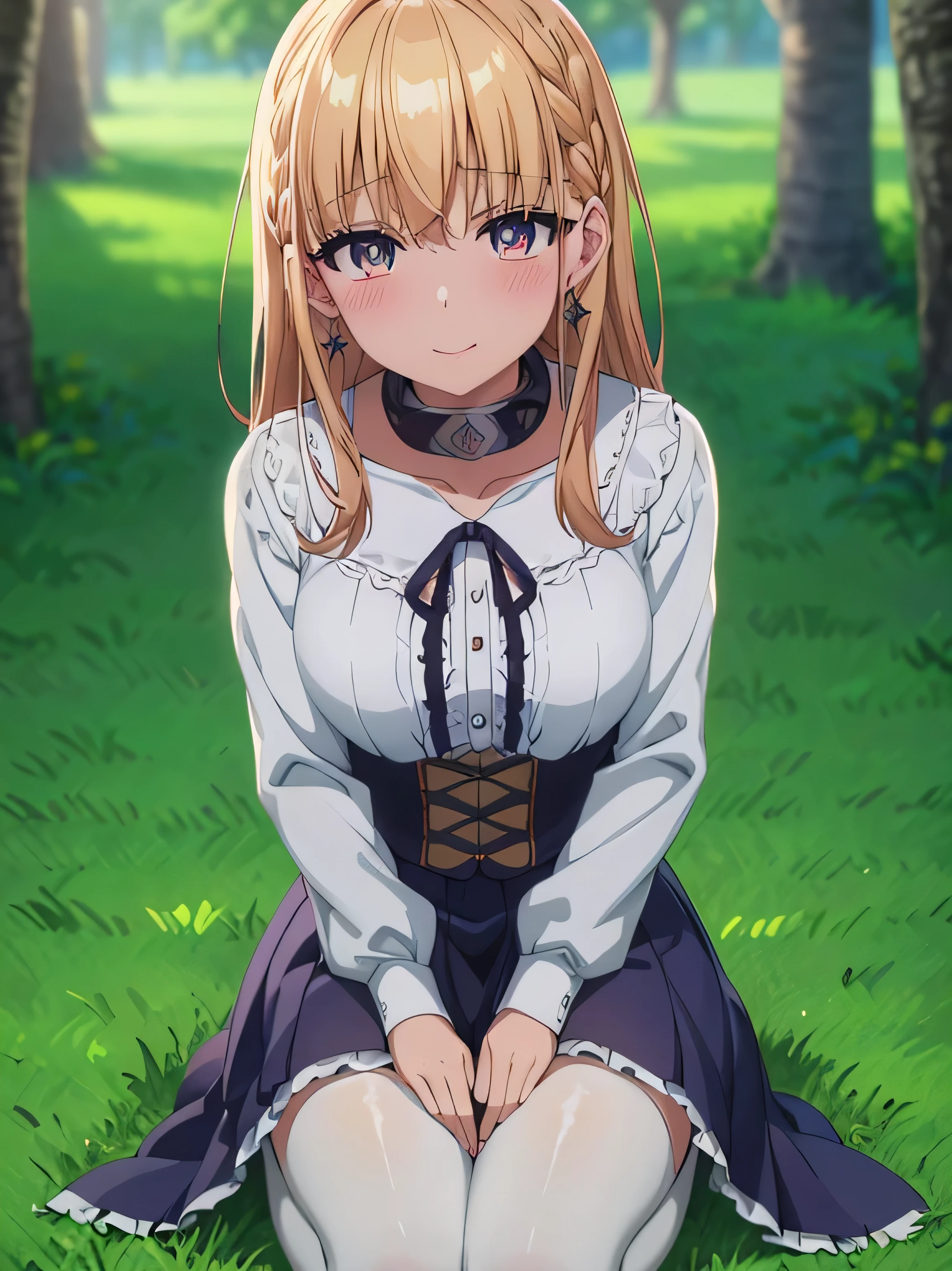 anime - style image of a woman in a white bra top and panties, seductive anime girl, marin kitagawa fanart, makoto shinka, rin, small curvy , anime best girl, sexy pose, smooth anime cg art, asuka suit under clothes!, cushart krenz key art feminine, ayaka genshin impact, zerochan art, white panties,cameltoe,full body,white pantyhose,squatting,pantyshot,å©ä¸,1girl,star earrings,solo,blonde hair,braid,medium hair,bangs,bright pupils,brown eyes,hair between eyes,white pupils,
metal collar,neck ribbon,white shirt,black ribbon,center frills,corset dress,blue dress,long sleeves,frilled skirt,medium breasts,collarbone,smile, blush,
mary janes,outdoors,grass,wind,wind lift,falling leaves,, Exquisite visuals, high-definition,masterpiece,best quality,, 18yo,Young female,Beautiful Fingers,Beautiful long legs,Beautiful body,Beautiful Nose,Beautiful character design, perfect eyes, perfect face,expressive eyes,
official art,extremely detailed CG unity 8k wallpaper, perfect lighting,Colorful, Bright_Front_face_Lighting,shiny skin,
(masterpiece:1.0),(best_quality:1.0), ultra high res,4K,ultra-detailed,
photography, 8K, HDR, highres, absurdres:1.2, Kodak portra 400, film grain, blurry background, bokeh:1.2, lens flare, (vibrant_color:1.2), (beautiful_face:1.5),(narrow_waist), ,NSFW,