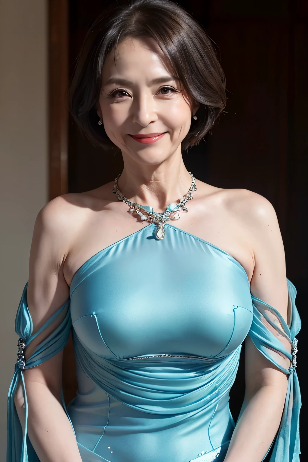 (masutepiece:1.4), High Definition,(High quality:1.4),(60-year-old woman:1.4),(wrinkles on the face:1.4),Beautie,(Sheath dress mini length:1.4), Puffy sleeves,Big breasts,Smile,