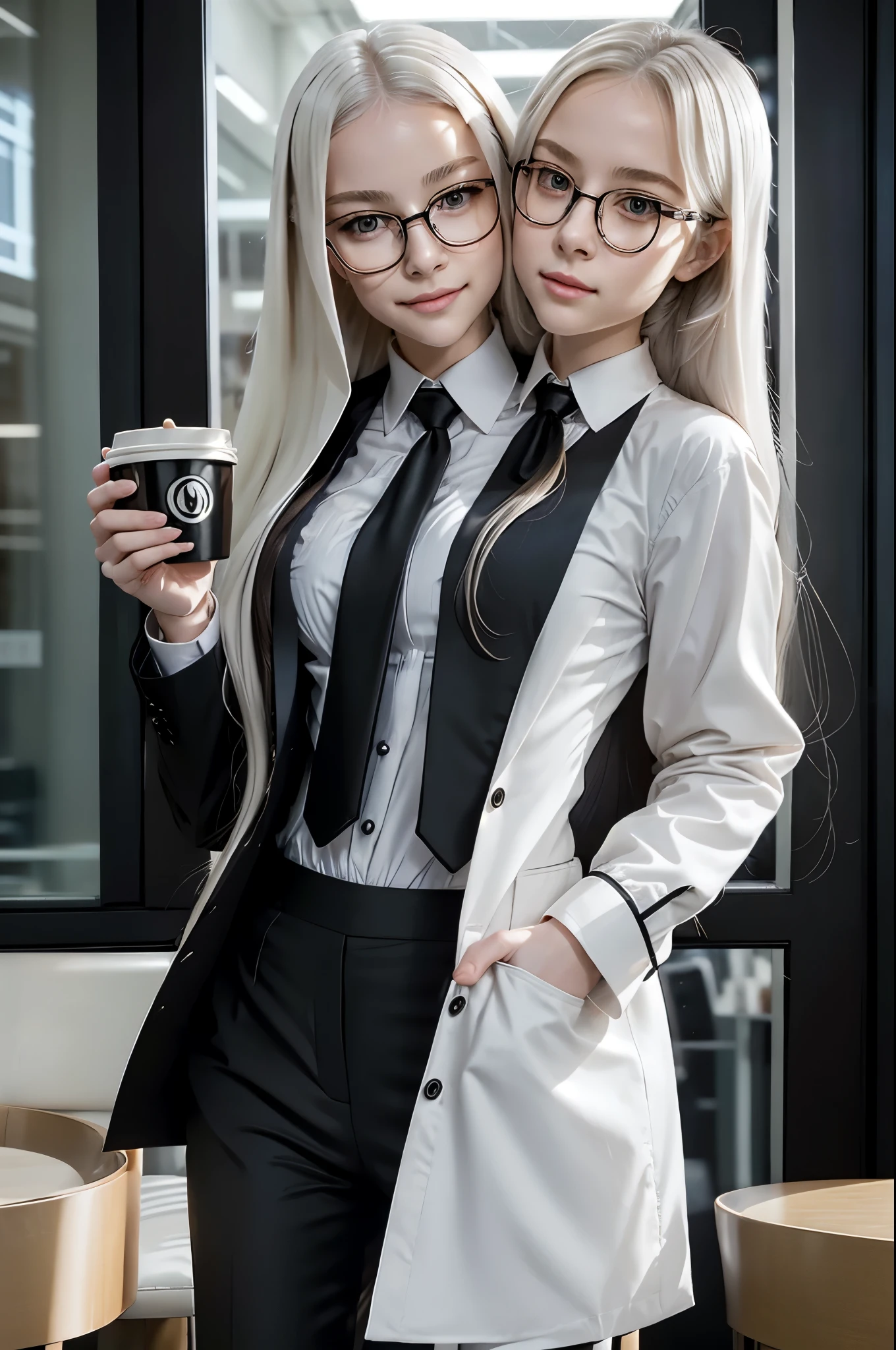 2heads, 1girl, glasses, very long white hair, petite body, short, black necktie, jacket, trouser, collared shirt, Black pantsuit, white shirt, holding a coffee, masterpiece, high quality, absurdres, office, beautiful background, holding cup of coffee, looking at each other, kissing, kiss, french kiss, lips touching