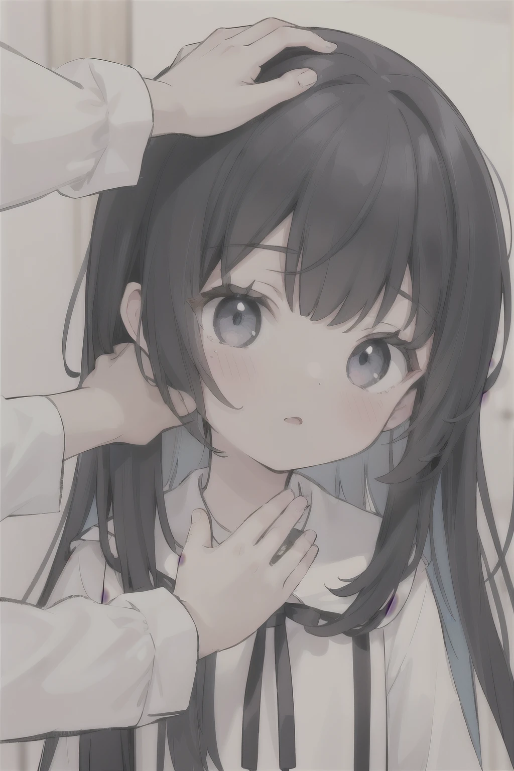 1 girl, anime girl, 's face, upper body, big face, hands reach to face, hands reach for hair, other people's hands, someone's hands are reaching out, patting the head, praise, other people's hands на лице, many hands, hands from all sides