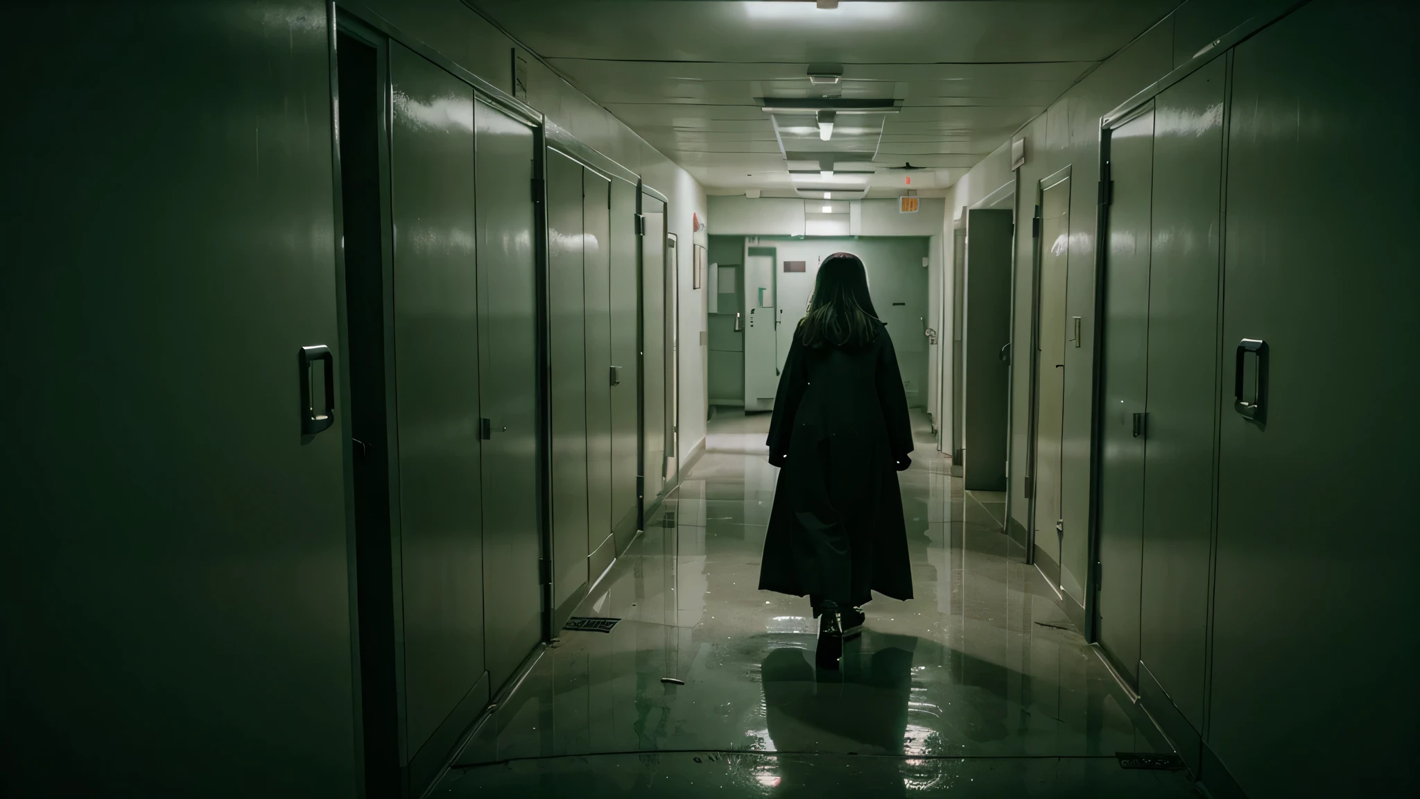 strange horror movie image of a ghost of a woman walking in a morgue, horror film photography and scenery