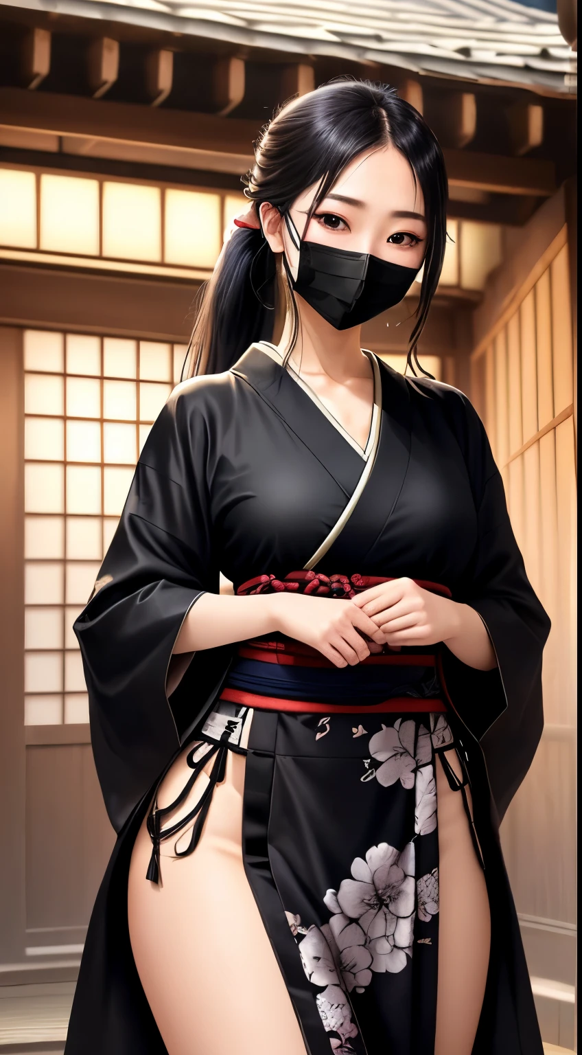 最high quality、high quality、best image quality、8K、最High resolution、High resolution、最high quality、masterpiece、Raw photo、realistic atmosphere、(detailed face)、(fine hands、thumb１reference４)、(beauty of japan )、very nice face、cute face、((beautiful japanese girl))、(japanese woman), ((18 year old beautiful girl))、(glossy black hair)、(straight long hair)、(ponytail)、whole body、slim style、(shiny skin)、(Fair skin, Glossy skin)、real human skin、realistic human body structure、perfect body， perfect face， perfect hands， perfect fingers， perfect lips， perfect eyes，perfect teeth、perfect background， perfect atmosphere， natural soft light、photon mapping、Ainu folk costume、Kunoichi costume、((girl with a dagger))、Japanese sword、japanese traditional、(kunoichi kimono)、all ninja、A girl inspired by Naruto、((girl with a sharp sword))、In front of an old Japanese house、((Transparent black metallic with floral pattern(Kunoichi costume、Ainu folk costume、Kimono up to the waist、Japanese clothes up to the waist、string bread loincloth、mask))、Dynamic taijutsu stance with combat in mind