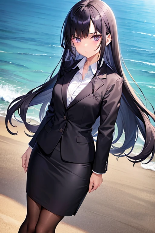 1girl, black hair, purple eyes, long hair, beach background, suit, office lady, black skirt, black blazer, pencil skirt, skirt suit, medium skirt, white shirt, collared shirt, long hair, teenager, looking at viewer, full body, high school girl, jk, 15 year old girl,