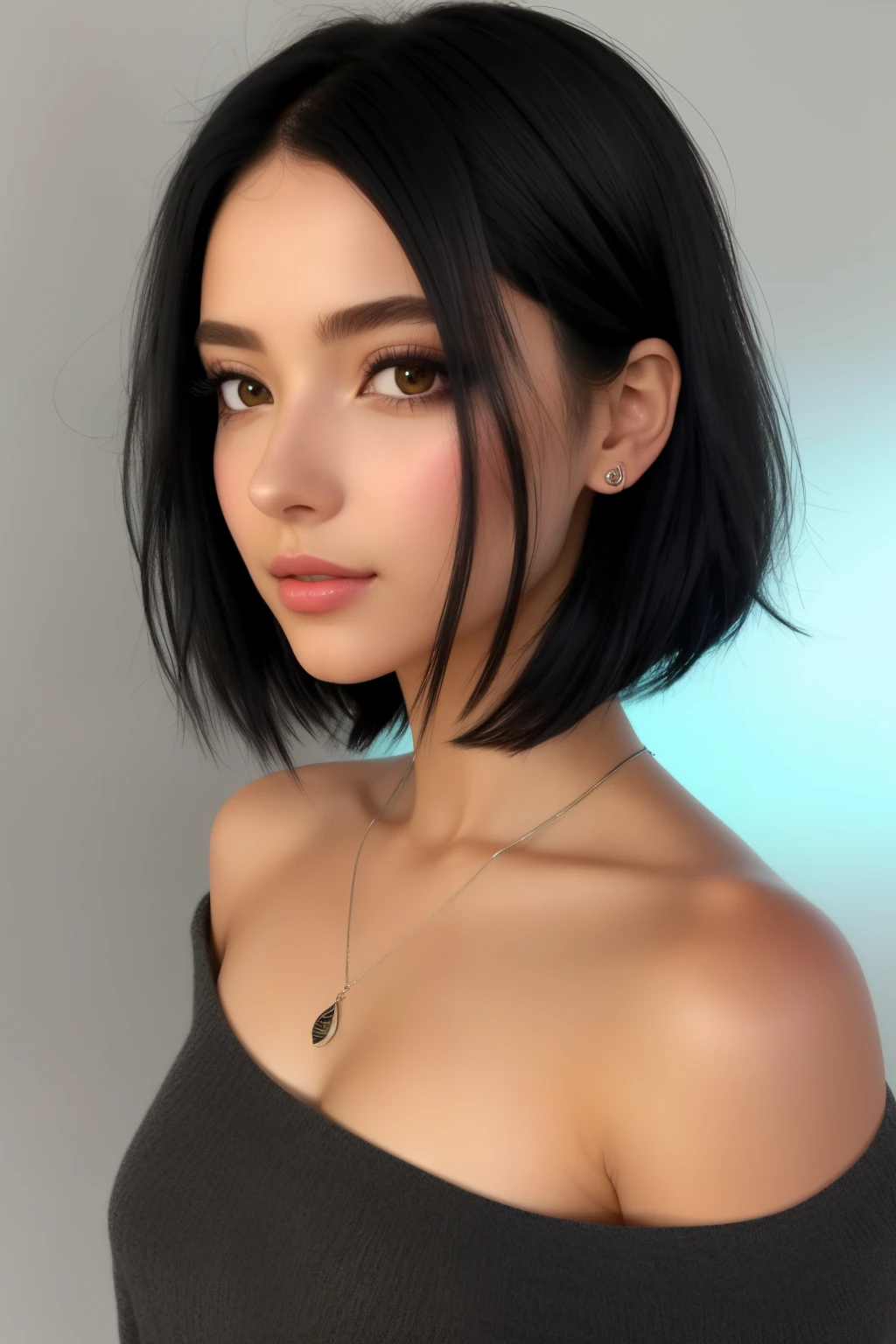  messy shoulder long black hair, olhos castanhos, feliz, menina estilo anime bonito, lips, rostos detalhados limpos, roupas intracate, analogous colors, sombras brilhantes, gradiente bonito, profundidade de campo, imagem limpa, alta qualidade, alto detalhe, highes definition, Luminous Studio graphics engine, rosto bonito