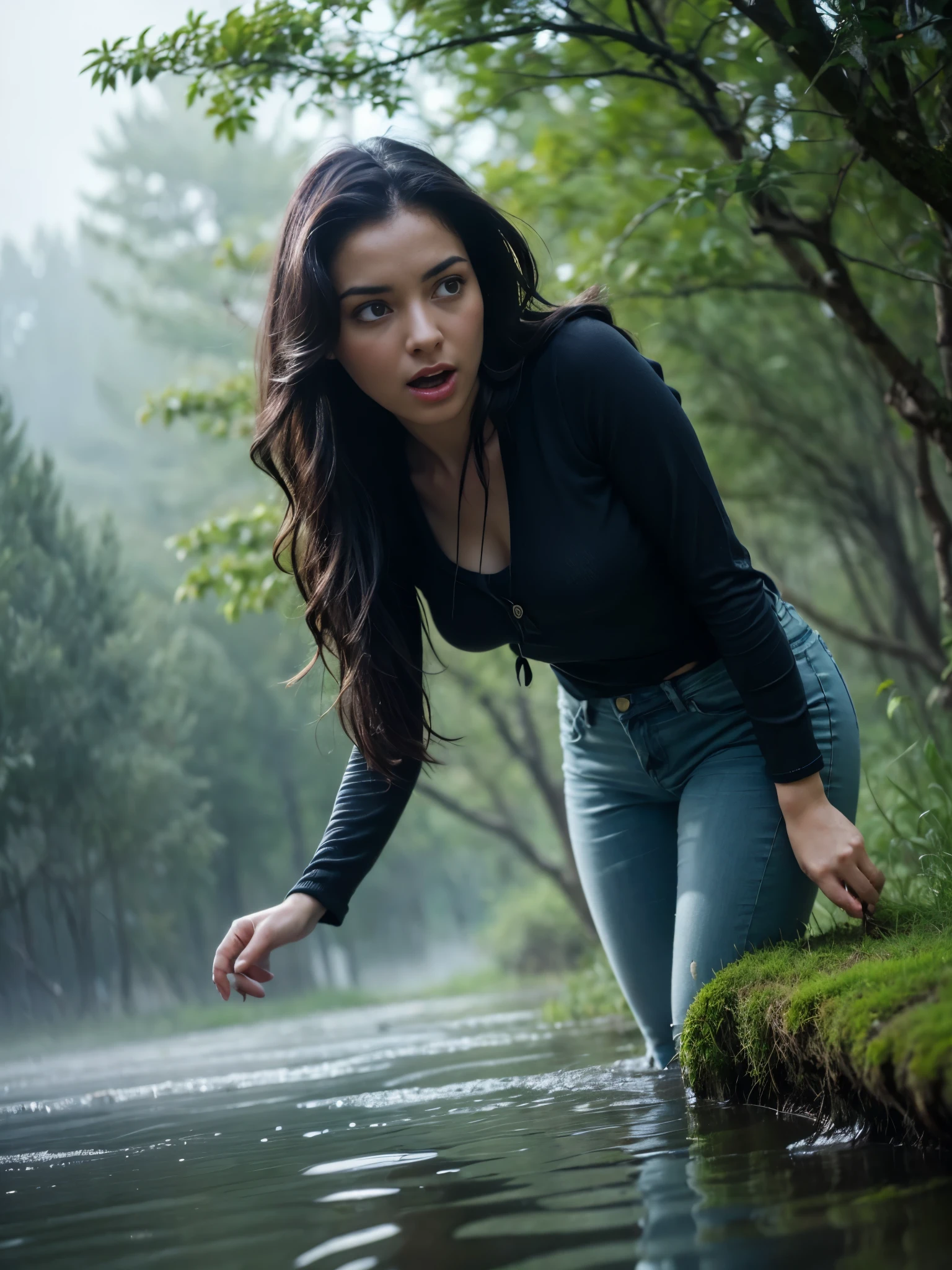 A hot girl, drown in a swamp in a chest,illustartion, (Best Quality,4k,8K,hight resolution,Masterpiece:1.2),Ultra-detailed,(Realistic,photoRealistic,photo-Realistic:1.37),Horror,dark and gloomy atmosphere with dramatic lighting, Vivid colors, Foggy surroundings, the trees, covered with moss, detailed facial expression, long wavy hair floats in the water, Reflections on the surface of the water, Eerie fog. Jeans