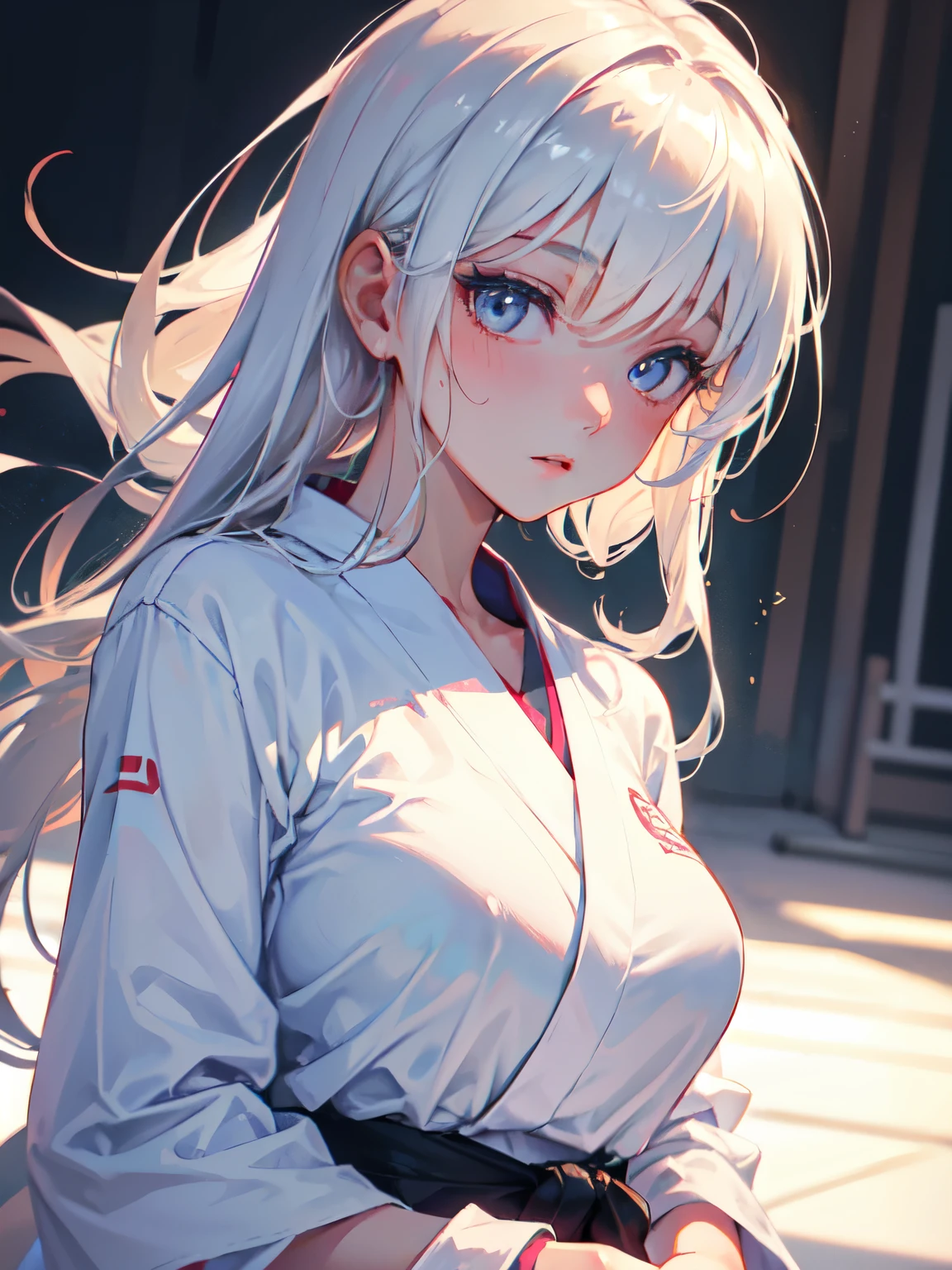 high quality,hd,16k,1girl,female judo athlete,white kimono ,cute face, large breasts, slender body, delicate body, sweat,light clothing, in judo venue,focus girl,detailed beautiful face,detailed clothes,beautiful eyes,cool,dynamic angle