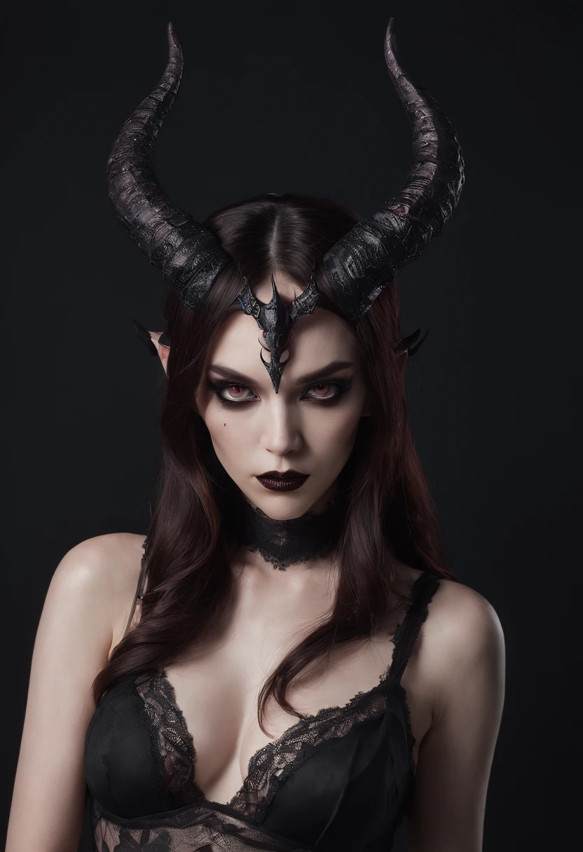 breathtaking demon woman with horns dressed in sexy lingerie posing for a photo in a dark minimal studio, darksynth aesthetic, minimal background, goth makeup, bizarre fashion photography, ultra detailed, masterpiece.