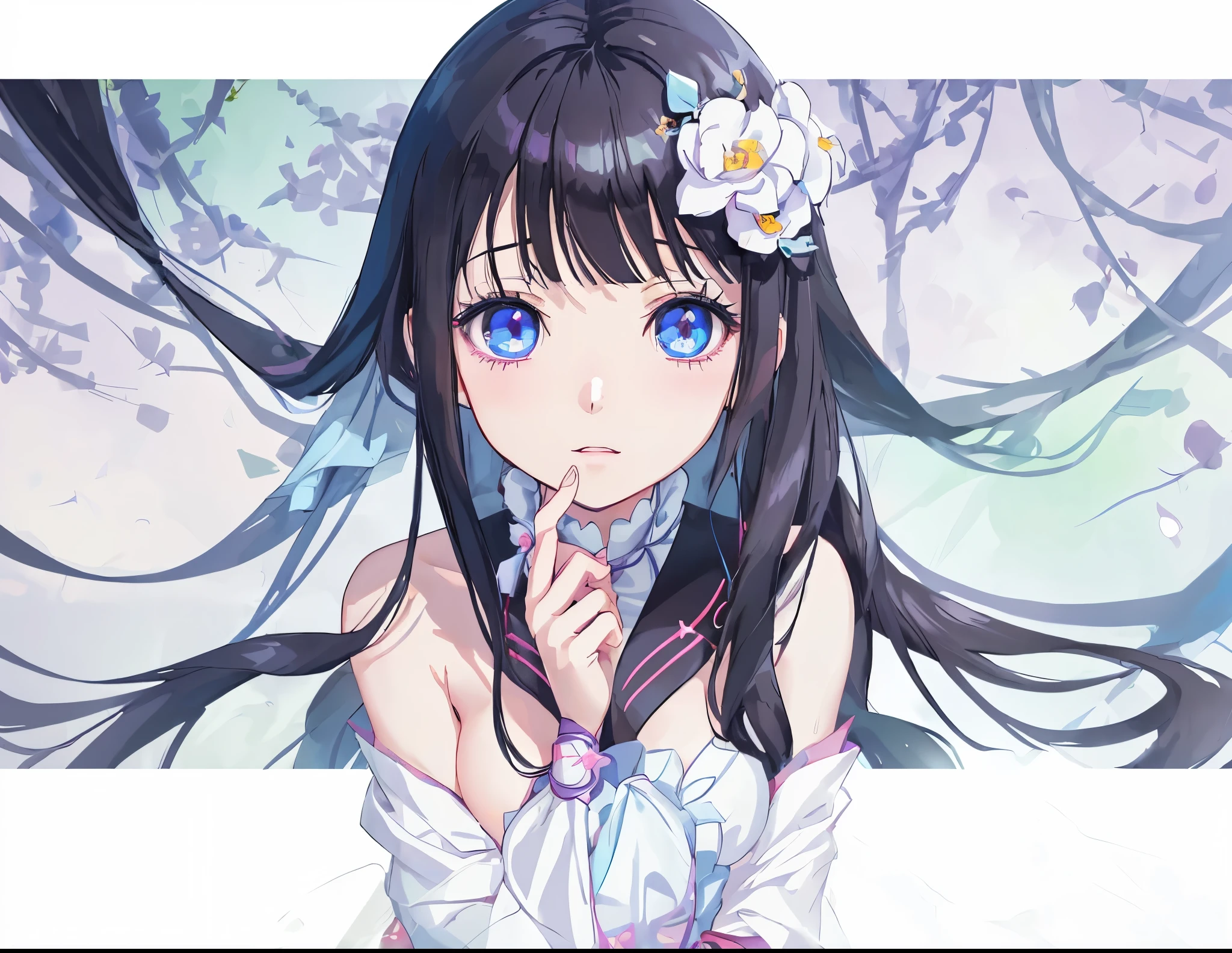 anime girl with long black hair and blue eyes with flowers in her hair, anime visual of a cute girl, close up iwakura lain, anime moe artstyle, iwakura lain, close up of iwakura lain, smooth anime cg art, visual novel cg, anime portrait of shiina ringo, anime best girl, hanayamata,nude, show breast, boobs