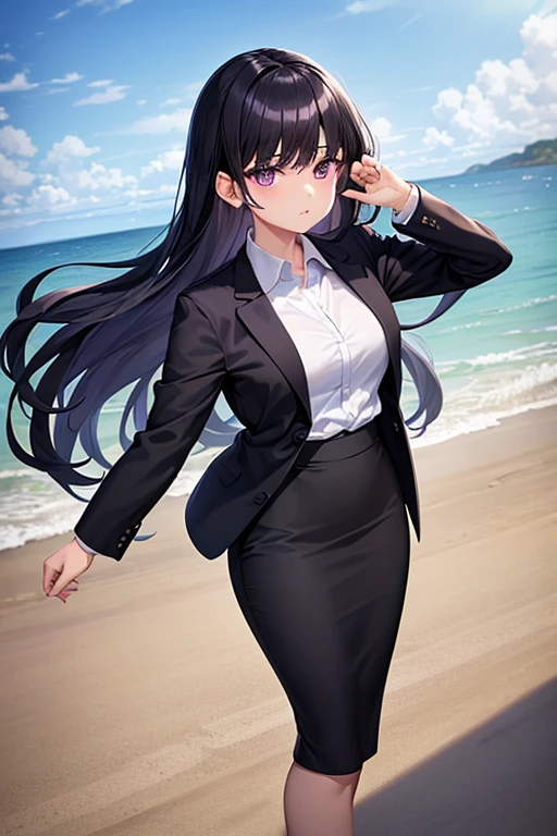 1girl, black hair, purple eyes, long hair, beach background, suit, office lady, black skirt, black blazer, pencil skirt, skirt suit, medium skirt, white shirt, collared shirt, long hair, teenager, looking at viewer, full body, high school girl, jk, 15 year old girl,