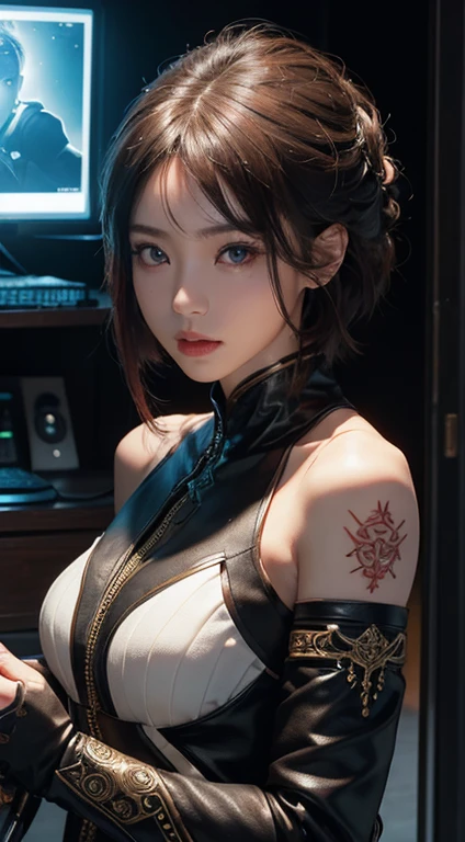 masterpiece, 1 beautiful girl, Detailed eye, Swollen eyes, top-quality, 超A high resolution, (reality: 1.4), 电影灯光, japanes, a asian beauty, very extremely beautiful, Beautiful skins, A slender, Forward-facing body, (A hyper-realistic), (hight resolution), (8K), (ighly detailed), ( Best Illustration), (beautifully detailed eyes), (ultra-detailliert), 详细的脸, Bright lighting, Professional Lighting、The background a cyberpunk room with a large number of monitors.、The cord connected from the costume、small tattoo on face、Facing straight ahead、short-hair、