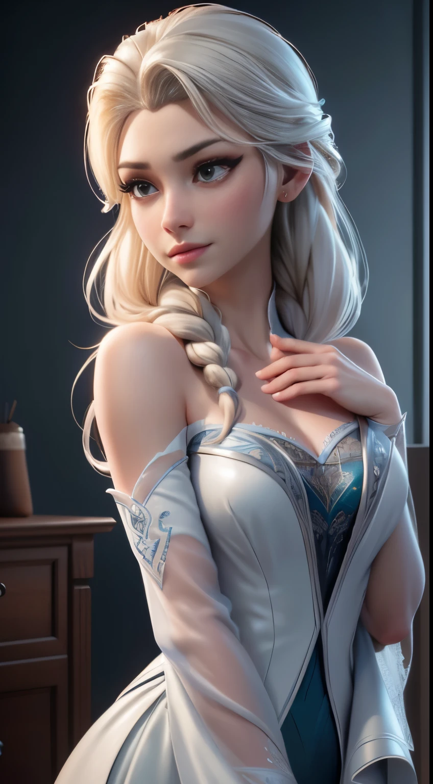 Highly detailed CG unity 8k wallpaper, style shot, complex, high detail, dramatic, highest quality movie still image, very detailed, masterpiece, best quality, character design, Elsa, Elsa from Frozen, (( Dark style)), realistic ultra-detailed rendering style, natural light, sharp character design, (hard focus, 8k), (((natural skin texture))), 8k textures, soft cinematic lighting, adobe lightroom, dark room, hdr, Sophisticated, Elegant, Rich Detail, Sharp Focuilm Look) )), Soothing Tones, Detail Frenzy, Intricate Detail, Super Detail, Low Contrast, Soft Film Lighting, Dull Colors, Exposure Blending, HDR, Fade, 35mm, f/1.4, ISO64, f16, 25 sec.