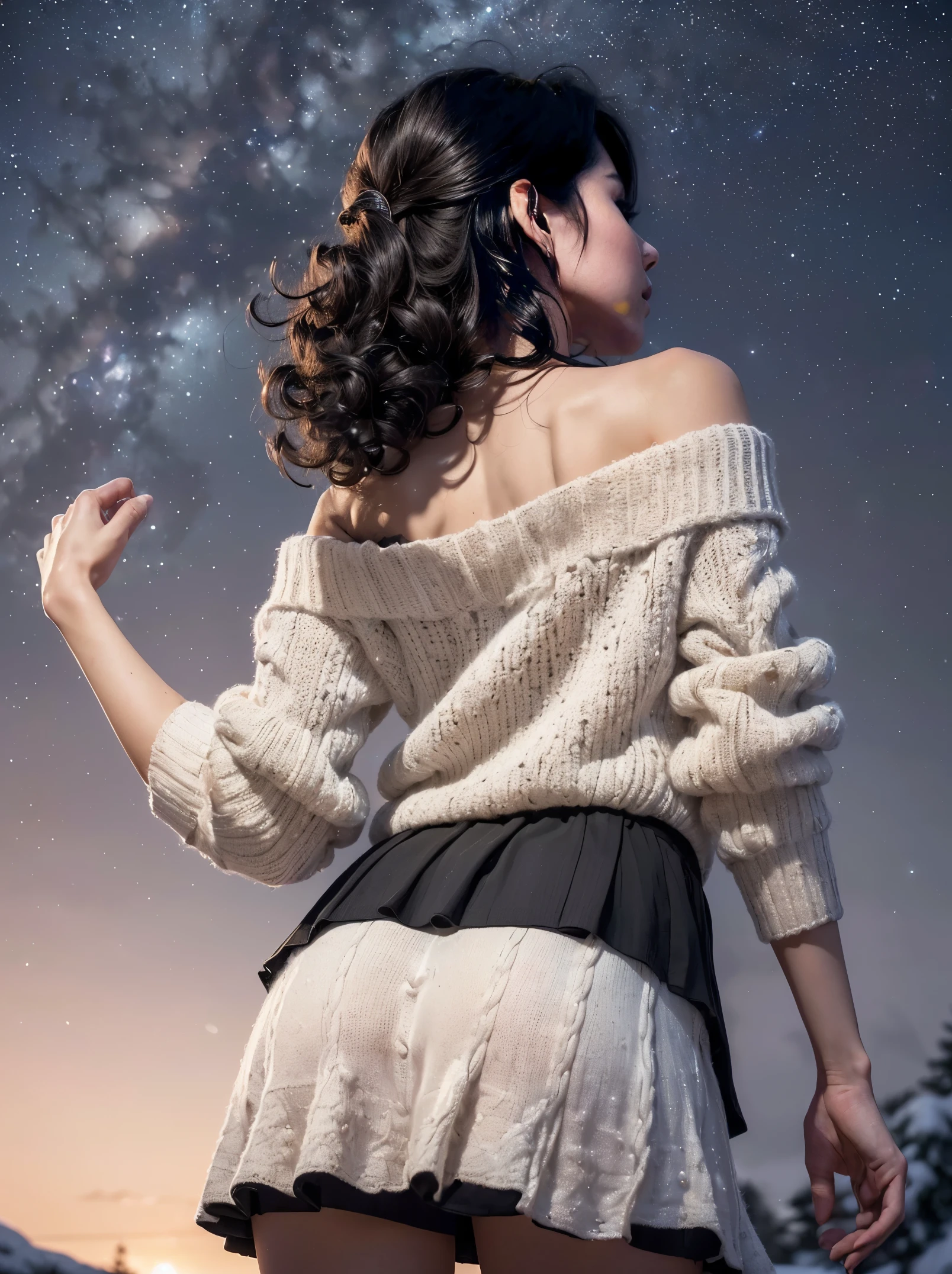 ((Looking back)), (((full bodyesbian))), ((Realistic)), ((From behind, From below)), ((off-the-shoulder clotheeautiful young girl, Beautiful Korean model, cabellos largos dorados, curlies, By bangs, (slender leg), (cold light, the night, starrysky), (at winter season, nevando). ((White sweater, Short black skirt), Detailed scenes, the detail，Hyper-detailed, (correct hand), (anatomy correct), (best qualtiy，tmasterpiece)