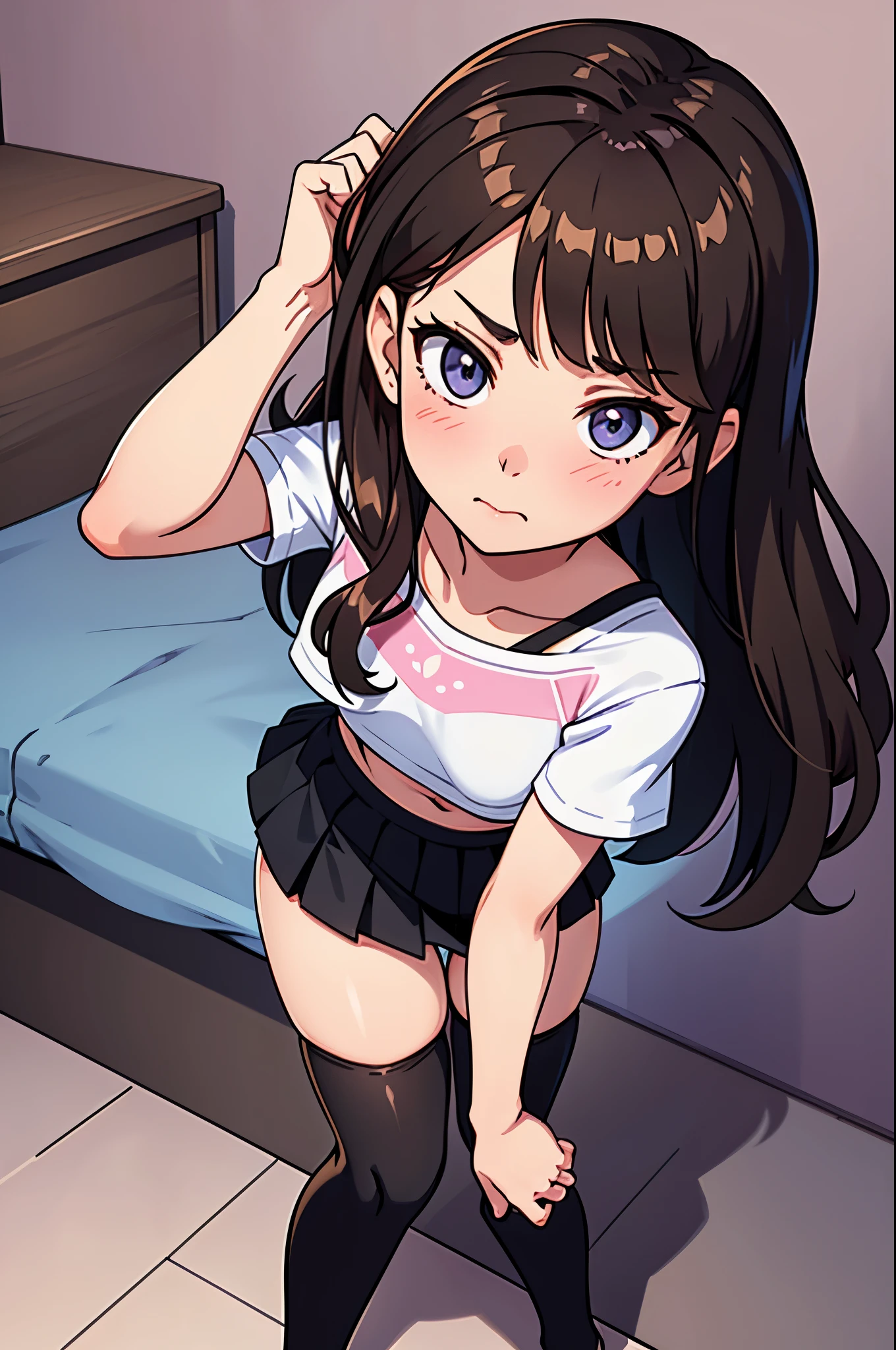1woman, brunette hair, hair covering right eye, ow2 d.va face, blushing, spaggethi string crop top, small pleated black skirt, black thigh-highs, pulling up her thigh-highs over her thigh, pulling up her right legging, no shoes, bedroom background, from above