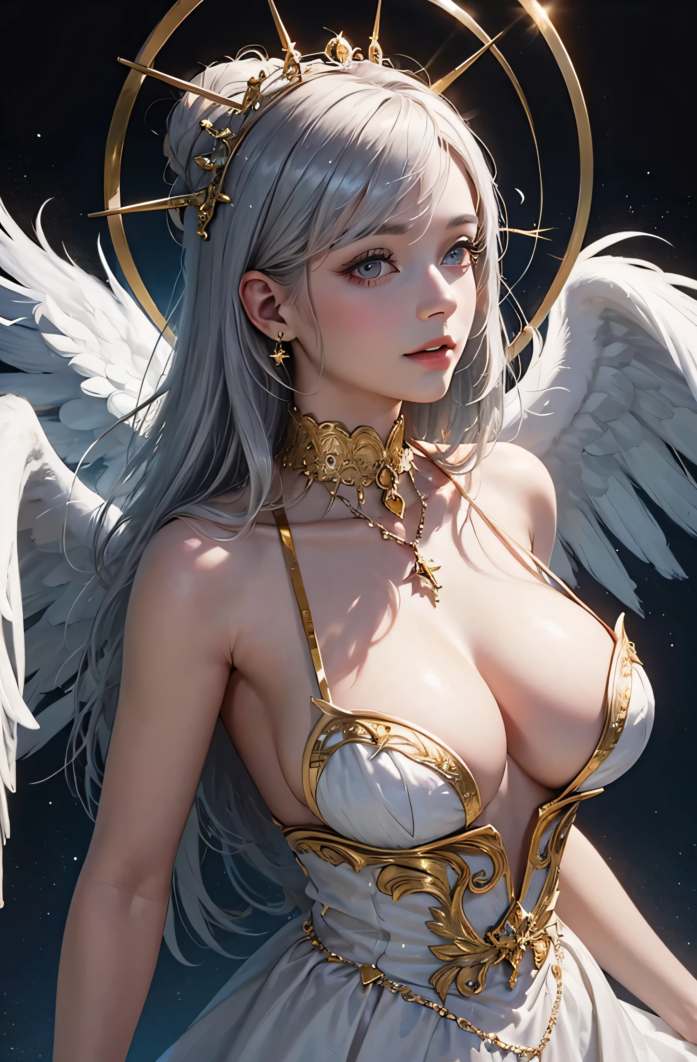 Castle in the distance、face is front、Looking at the camera、profile、8K、real photo、ultra high resolution, Master Parts, best quality, ticker , cinematic images,nice girl、Ann、16 only、Annグロサクソン、double eyelid、droopy eyes、very big eyes、eyes are purple、Dark eye shadow、lips are very thin、The tip of the nose stretches beautifully.......................................................、small nose,,,,, very detailed , silver hair、straight short hair、smile、 sweet look 、)、Very clear shadows , jewelry , detailed eyes, very complicated, shiny skin , パーフェクトブリリAnnト, perfect writing, dramatic shadow、White tiara on head、Gold necklace around the neck、White aristocratic dress with gold embroidery、glass high heels、angel wings