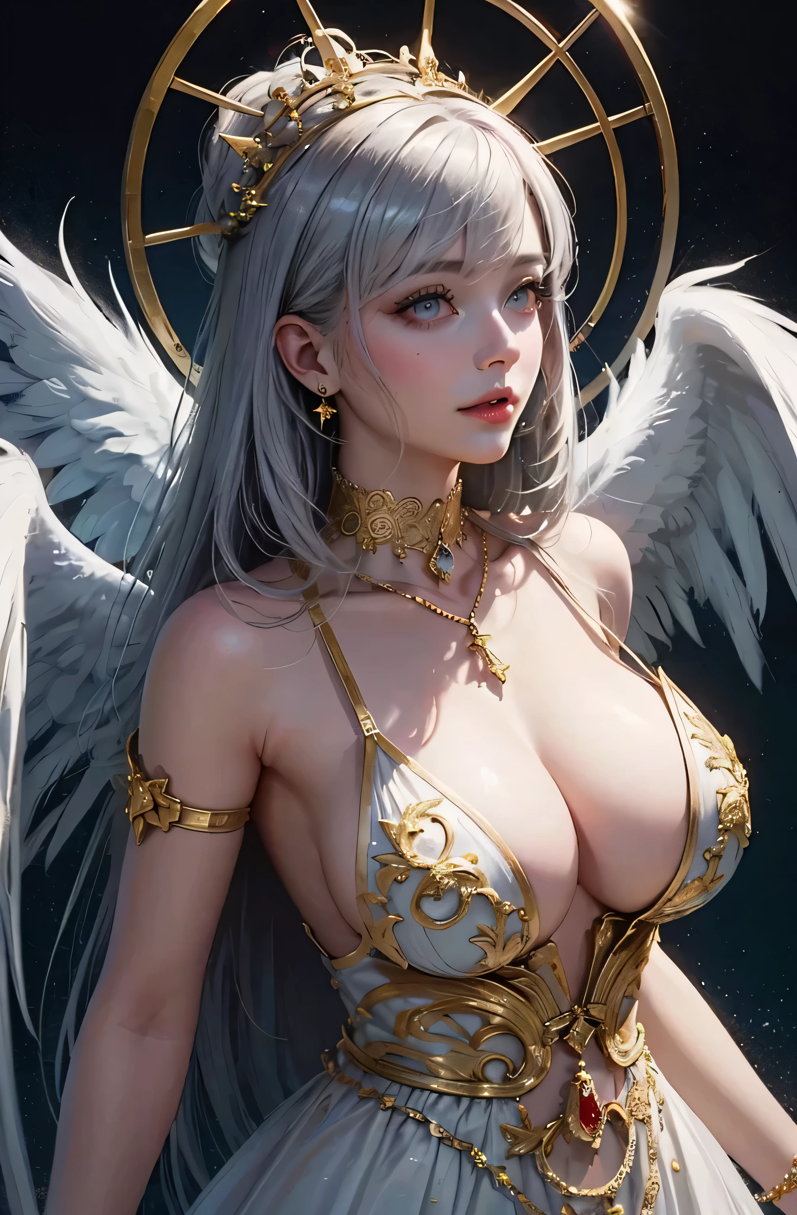 Castle in the distance、face is front、Looking at the camera、profile、8K、real photo、ultra high resolution, Master Parts, best quality, ticker , cinematic images,nice girl、Ann、16 only、Annグロサクソン、double eyelid、droopy eyes、very big eyes、eyes are purple、Dark eye shadow、lips are very thin、The tip of the nose stretches beautifully.......................................................、small nose,,,,, very detailed , silver hair、straight short hair、smile、 sweet look 、)、Very clear shadows , jewelry , detailed eyes, very complicated, shiny skin , パーフェクトブリリAnnト, perfect writing, dramatic shadow、White tiara on head、Gold necklace around the neck、White aristocratic dress with gold embroidery、glass high heels、angel wings