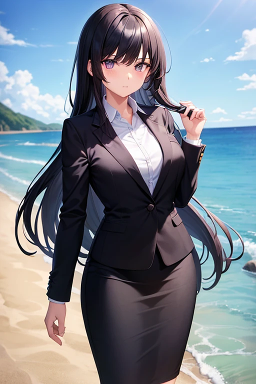 1girl, black hair, purple eyes, long hair, beach background, suit, office lady, black skirt, black blazer, pencil skirt, skirt suit, medium skirt, white shirt, collared shirt, long hair, ager, looking at viewer, full body, high school girl, jk, 15 year old girl,