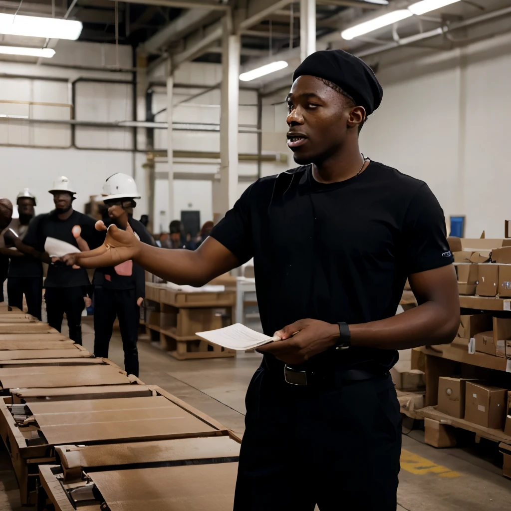 A black Leader addressing his team in a factory 