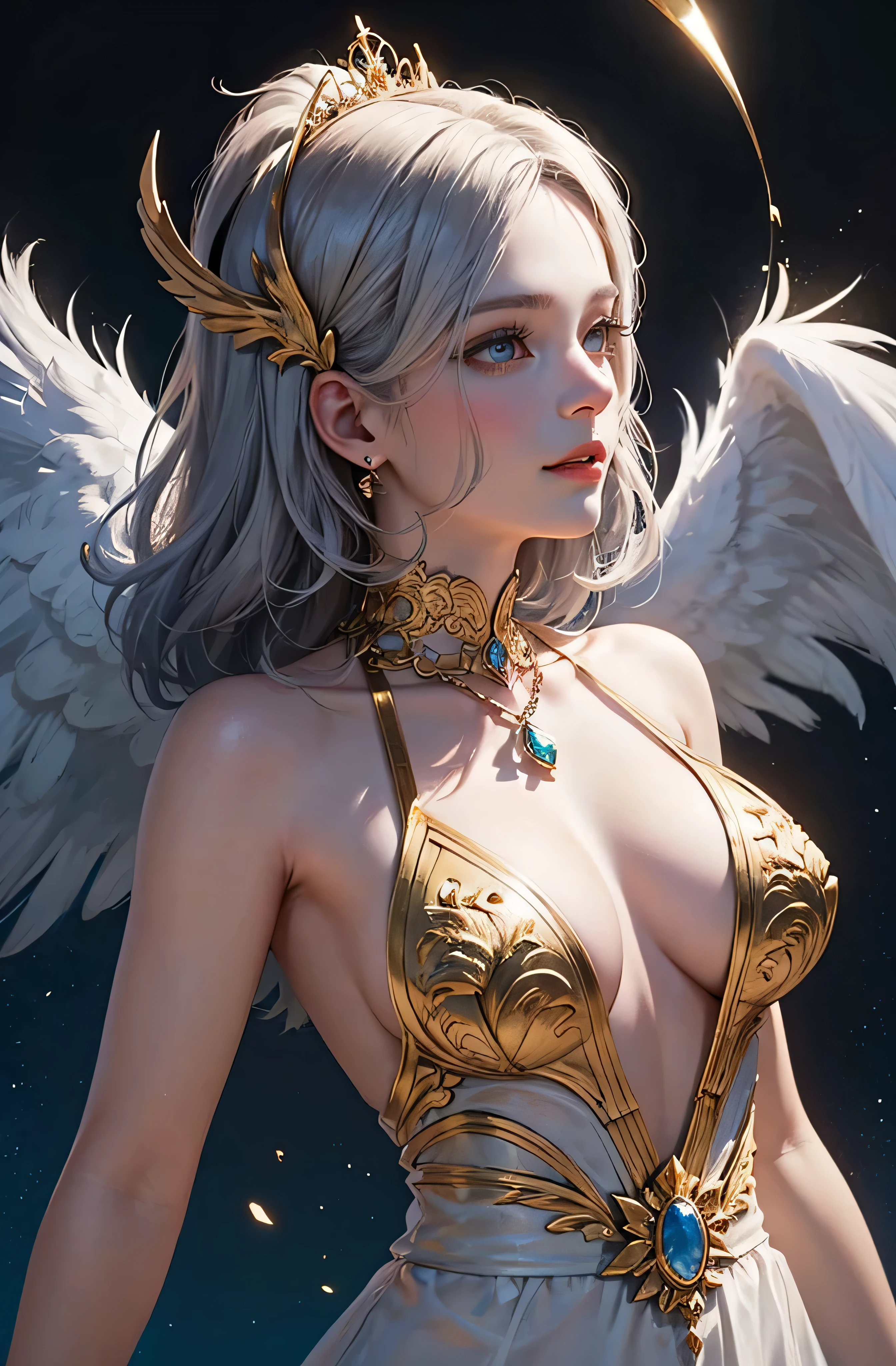 Castle in the distance、face is front、Looking at the camera、profile、8K、real photo、ultra high resolution, Master Parts, best quality, ticker , cinematic images,nice girl、Ann、16 only、Annグロサクソン、double eyelid、droopy eyes、very big eyes、eyes are purple、Dark eye shadow、lips are very thin、The tip of the nose stretches beautifully.......................................................、small nose,,,,, very detailed , silver hair、straight short hair、smile、 sweet look 、)、Very clear shadows , jewelry , detailed eyes, very complicated, shiny skin , パーフェクトブリリAnnト, perfect writing, dramatic shadow、White tiara on head、Gold necklace around the neck、White aristocratic dress with gold embroidery、glass high heels、angel wings