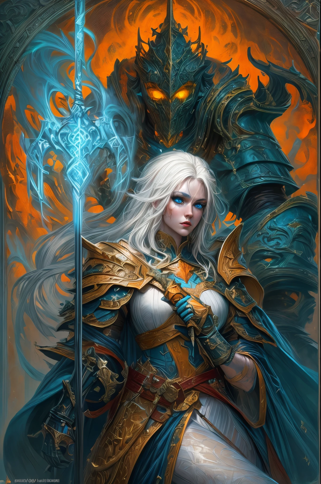 fantasy art, dnd art, RPG art, wide shot, (masterpiece: 1.4) portrait, intense details, highly detailed, photorealistic, best quality, highres, portrait a vedalken female (fantasy art, Masterpiece, best quality: 1.3) ((blue skin: 1.5)), intense details facial details, exquisite beauty, (fantasy art, Masterpiece, best quality) cleric, (blue colored skin: 1.5) 1person blue_skin, blue skinned female, (white hair: 1.3), long hair, intense green eye, fantasy art, Masterpiece, best quality) armed a fiery sword red fire, wearing heavy (white: 1.3) half plate mail armor CM-Beautiful_armor wearing high heeled laced boots, wearing an(orange :1.3) cloak, wearing glowing holy symbol GlowingRunes_yellow, within fantasy temple background, reflection light, high details, best quality, 16k, [ultra detailed], masterpiece, best quality, (extremely detailed), close up, ultra wide shot, photorealistic, RAW, fantasy art, dnd art, fantasy art, realistic art,((best quality)), ((masterpiece)), (detailed), perfect face