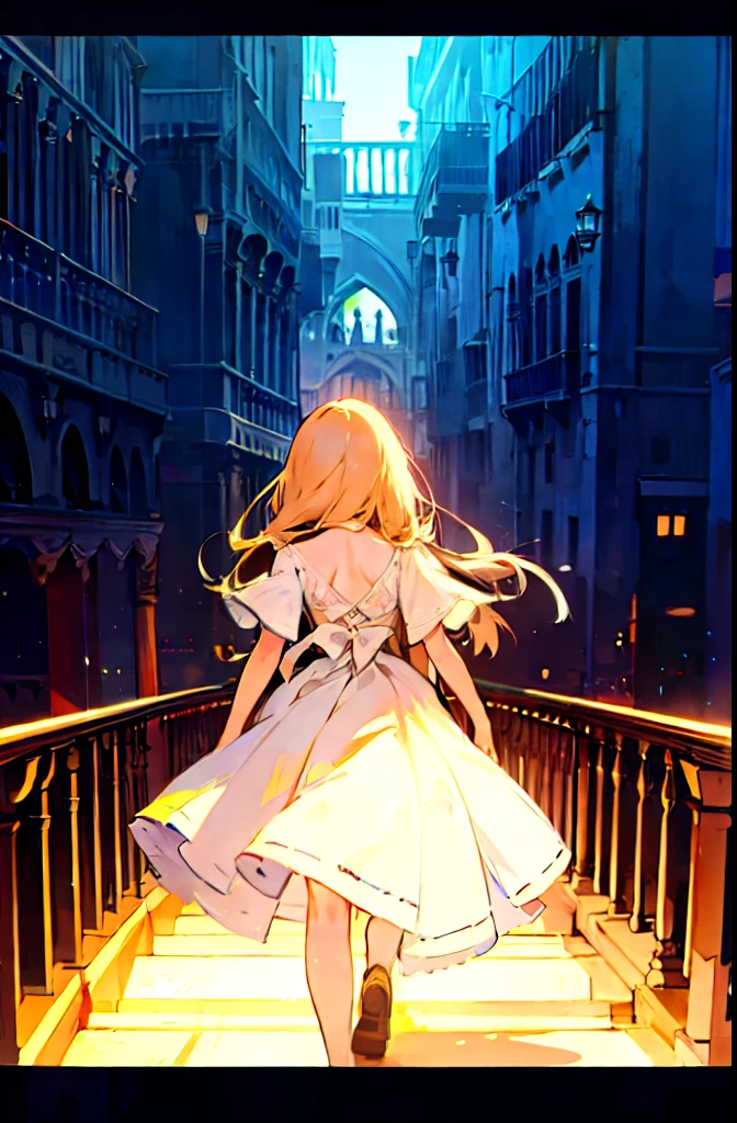 highest quality、cinematic lighting、city of venice、back of girl in white dress、back view、sheer panties、