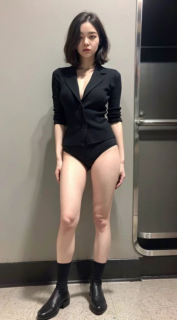 ((Full body)), Ultra-realistic capture, Highly detailed, high resolution 16k closeup of human skin. Skin texture must be natural, with enough detail to finely identify pores. Skin should look healthy, in a uniform tone. Use natural light and color, Black striated hair, Black short Bob hair, ((Full body)), on the train, From below, UHD, retinas, masterpiece, accurate, Anatomically correct, Super Detail, Textured skin, high details, High quality, Best Quality, high resolution, 1080p, HD, 4K, 8K