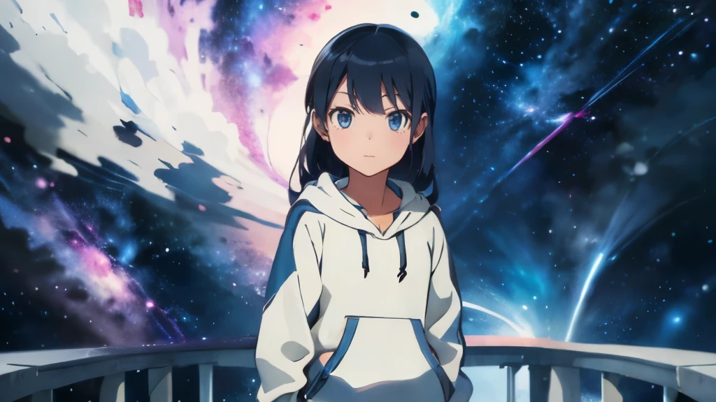 (Best quality), 1girl wearing a hoodie and blue jeans, standing on space bridge,solo looking at viewer, long hair