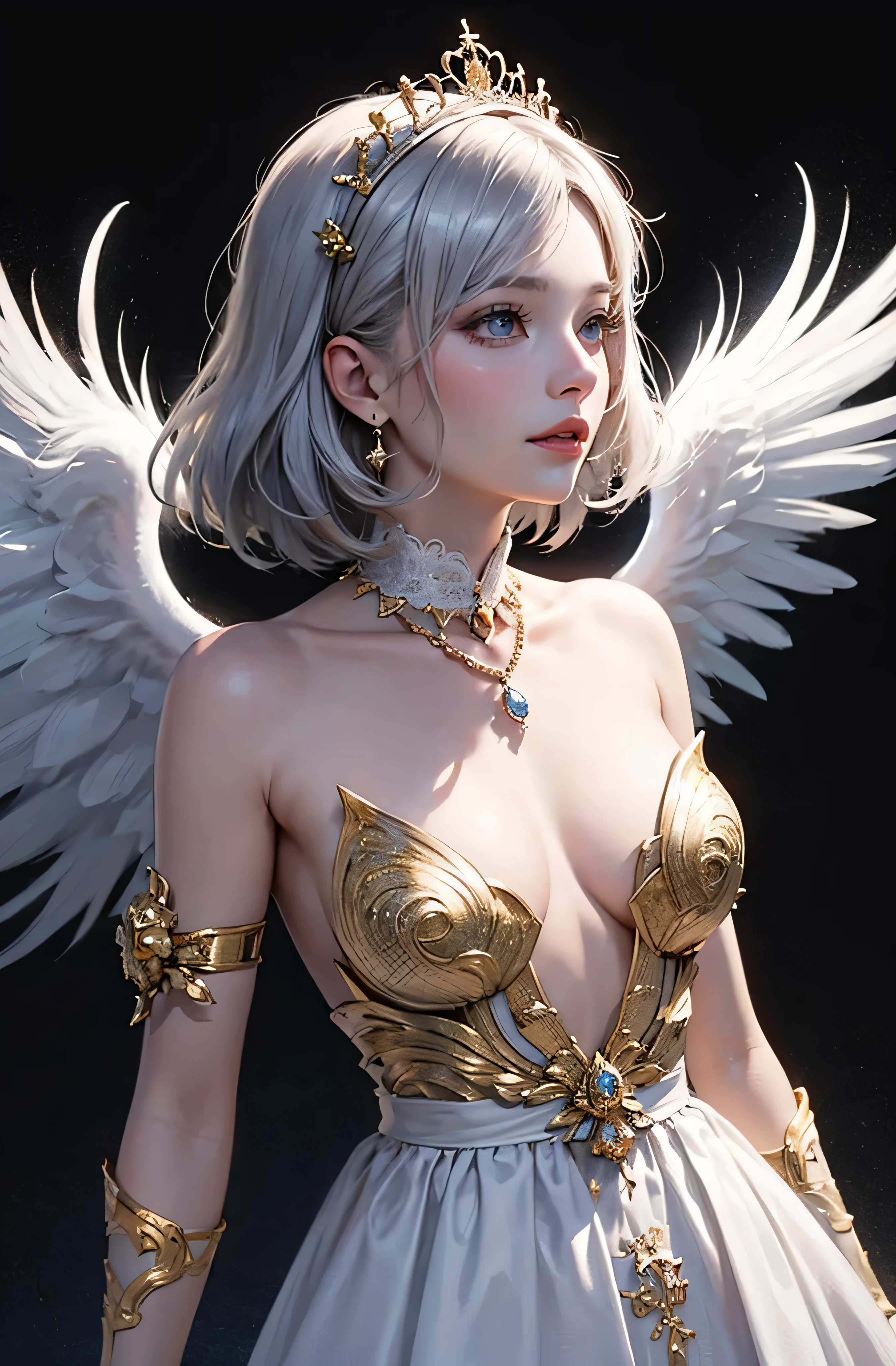 Castle in the distance、face is front、Looking at the camera、profile、8K、real photo、ultra high resolution, Master Parts, best quality, ticker , cinematic images,nice girl、Ann、16 only、Annグロサクソン、double eyelid、droopy eyes、very big eyes、eyes are purple、Dark eye shadow、lips are very thin、The tip of the nose stretches beautifully.......................................................、small nose,,,,, very detailed , silver hair、straight short hair、smile、 sweet look 、)、Very clear shadows , jewelry , detailed eyes, very complicated, shiny skin , パーフェクトブリリAnnト, perfect writing, dramatic shadow、White tiara on head、Gold necklace around the neck、White aristocratic dress with gold embroidery、glass high heels、angel wings