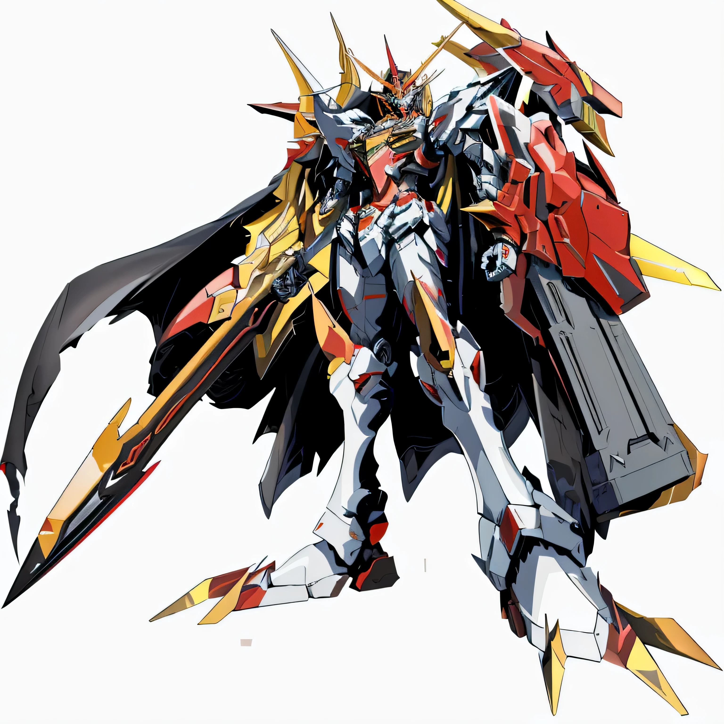 a close up of a robot with a sword and a red and black cape, concept art of omegamon, barbatos gundam, barbatos mobile suit, gurren lagan, modern mecha anime, an anime large mecha robot, super robot wars, gungnir, cool mecha style, ferra white mecha, symphogear