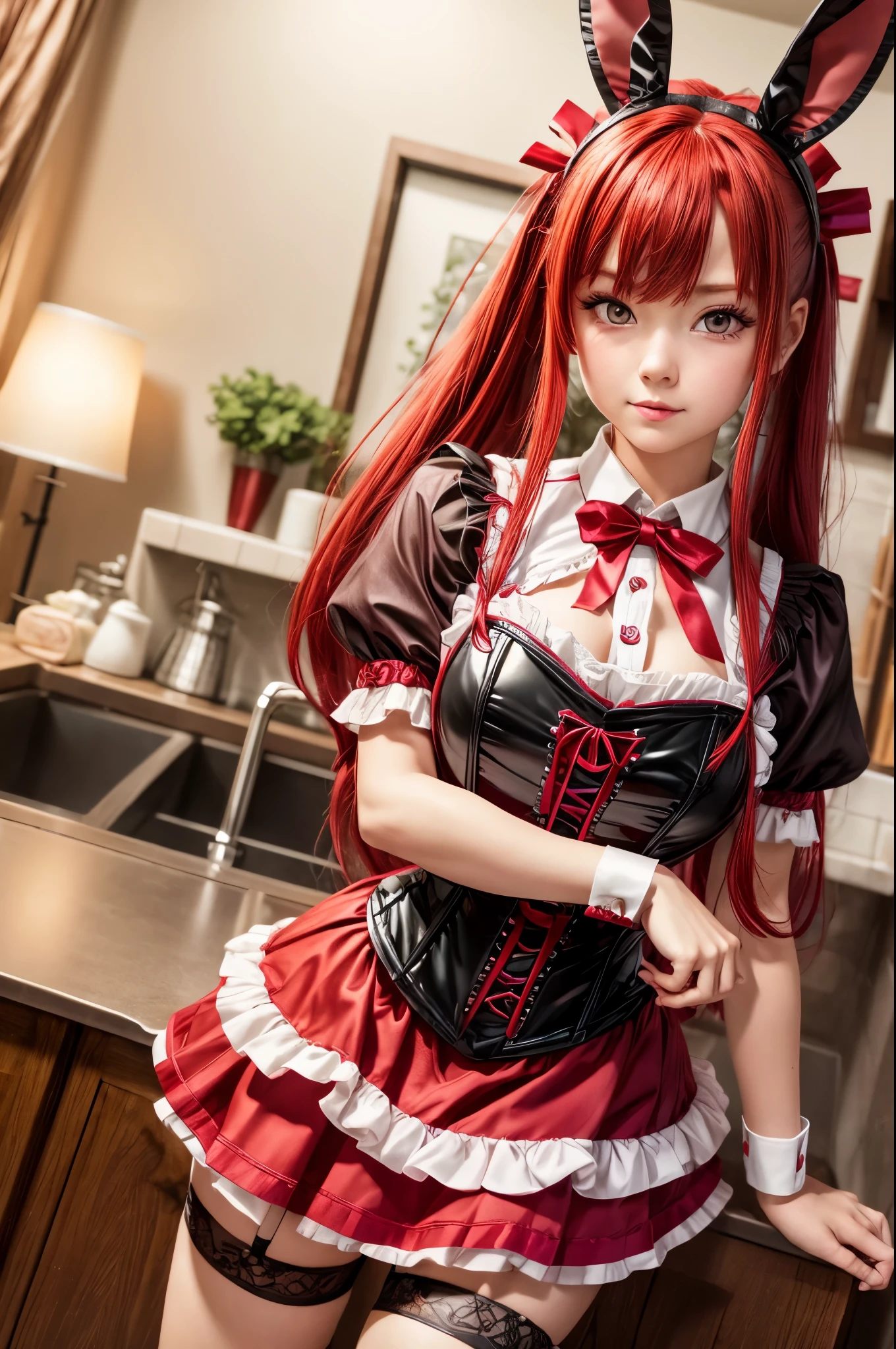 Outrageous, Best Quality, 1girl, solo, red hair, purple eyes, long hair, big, ahBunny, bunny ears, red corset, gakuran, aprons, red neck ribbons, red skirt, hair bow, short sleeves, wrist cuffs, white thighs, jingle bells