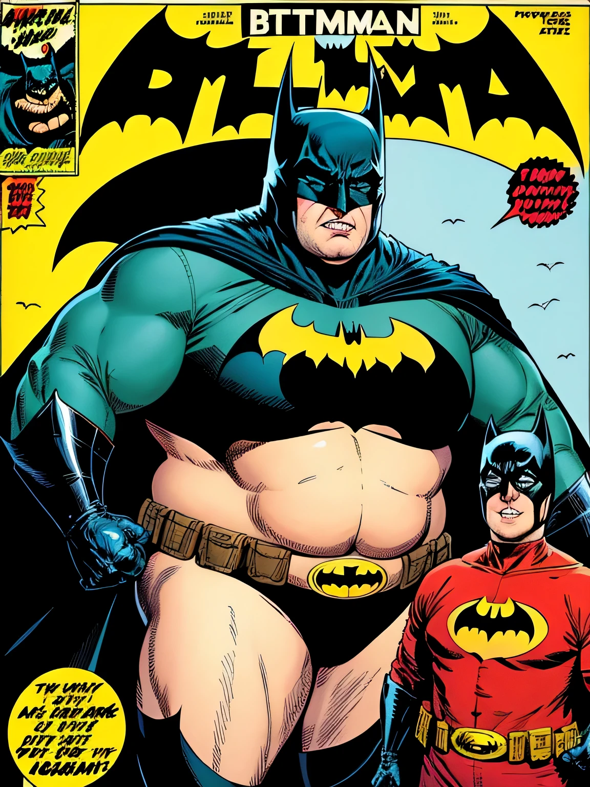 vintage comic book cover, vintage batman comic, title is "batman", cover depicts an obese  batman , fat batman, 