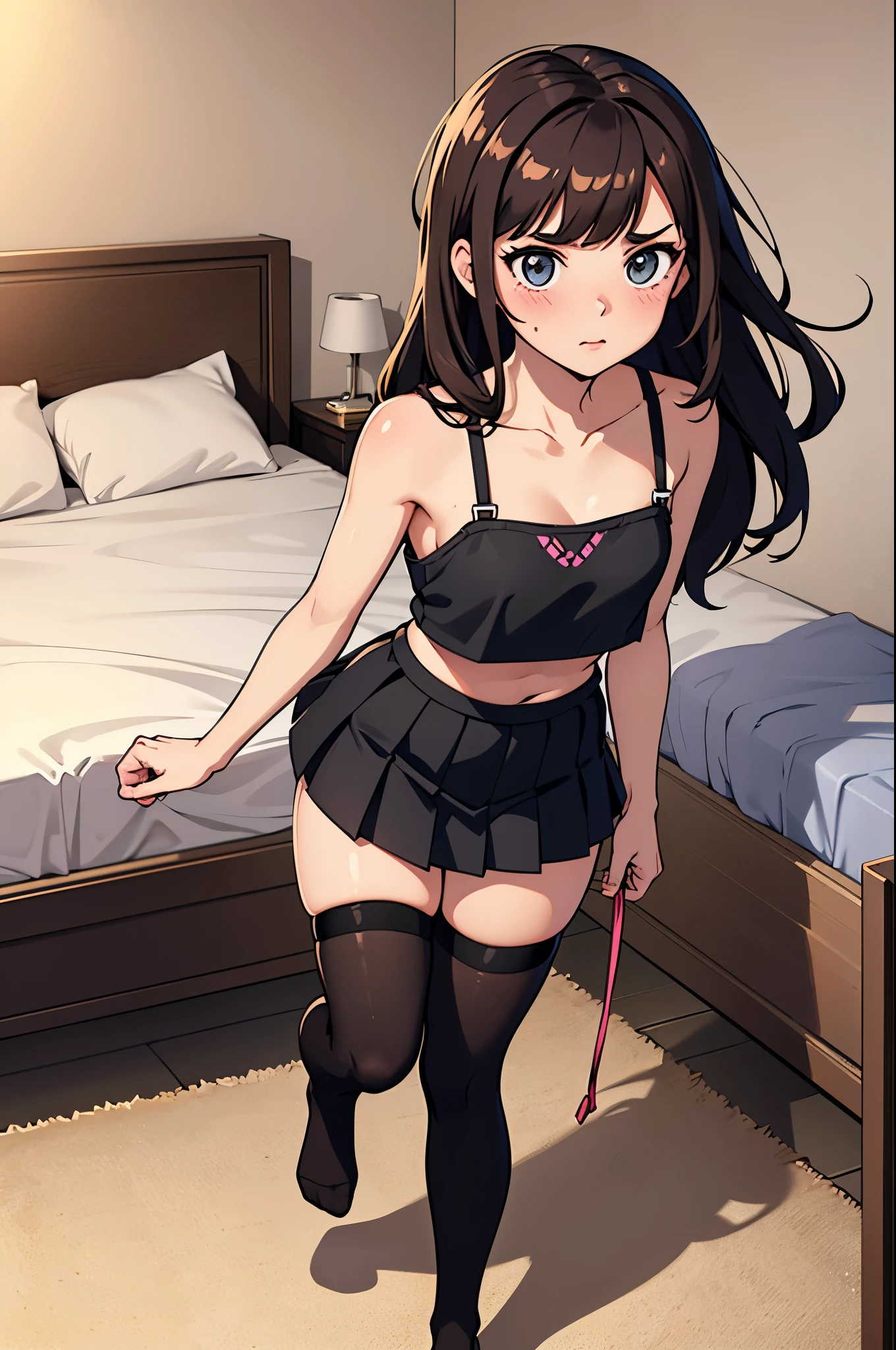 1woman, brunette hair, hair covering right eye, ow2 d.va face, blushing, spaggethi string crop top, small pleated black skirt, black thigh-highs, pulling up her thigh-highs over her thigh, pulling up her right legging, no shoes, bedroom background, from above