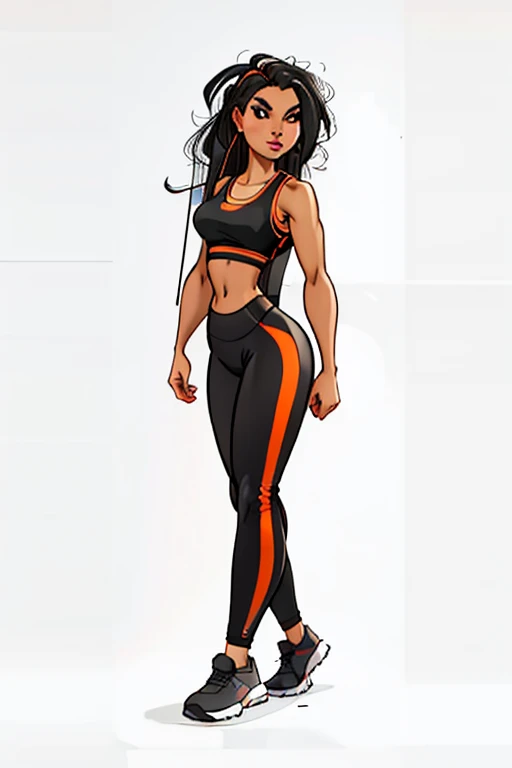 a woman in a black sports bra and orange leggings, two piece workout clothes, preto e laranja, laranja e preto, jet legging preta, laranja e preto tones, foto de corpo inteiro, ajustar girl, suit varies energetic, ajustar woman, legging preta, parte superior e inferior do corpo, ajustarness model, roupas esportivas, ajustar, sports physique, ajustar curvy physique