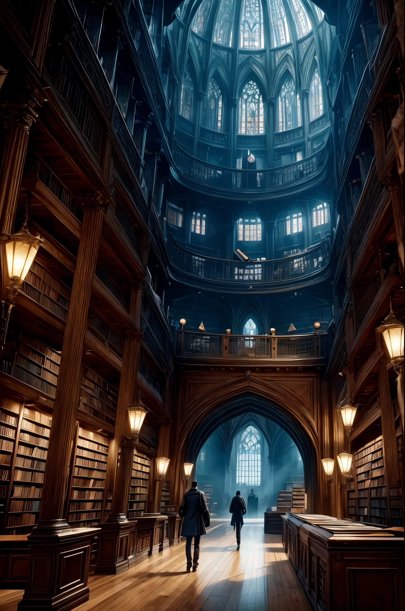 there is a picture of a book store with a man walking through it, gothic epic library concept, gothic epic library, gothic library, library of ruina concept art, ancient library, books cave, magic library, an eternal library, gloomy library, dusty library, alchemist library background, borne space library artwork, vast library, castle library, dark library, endless books