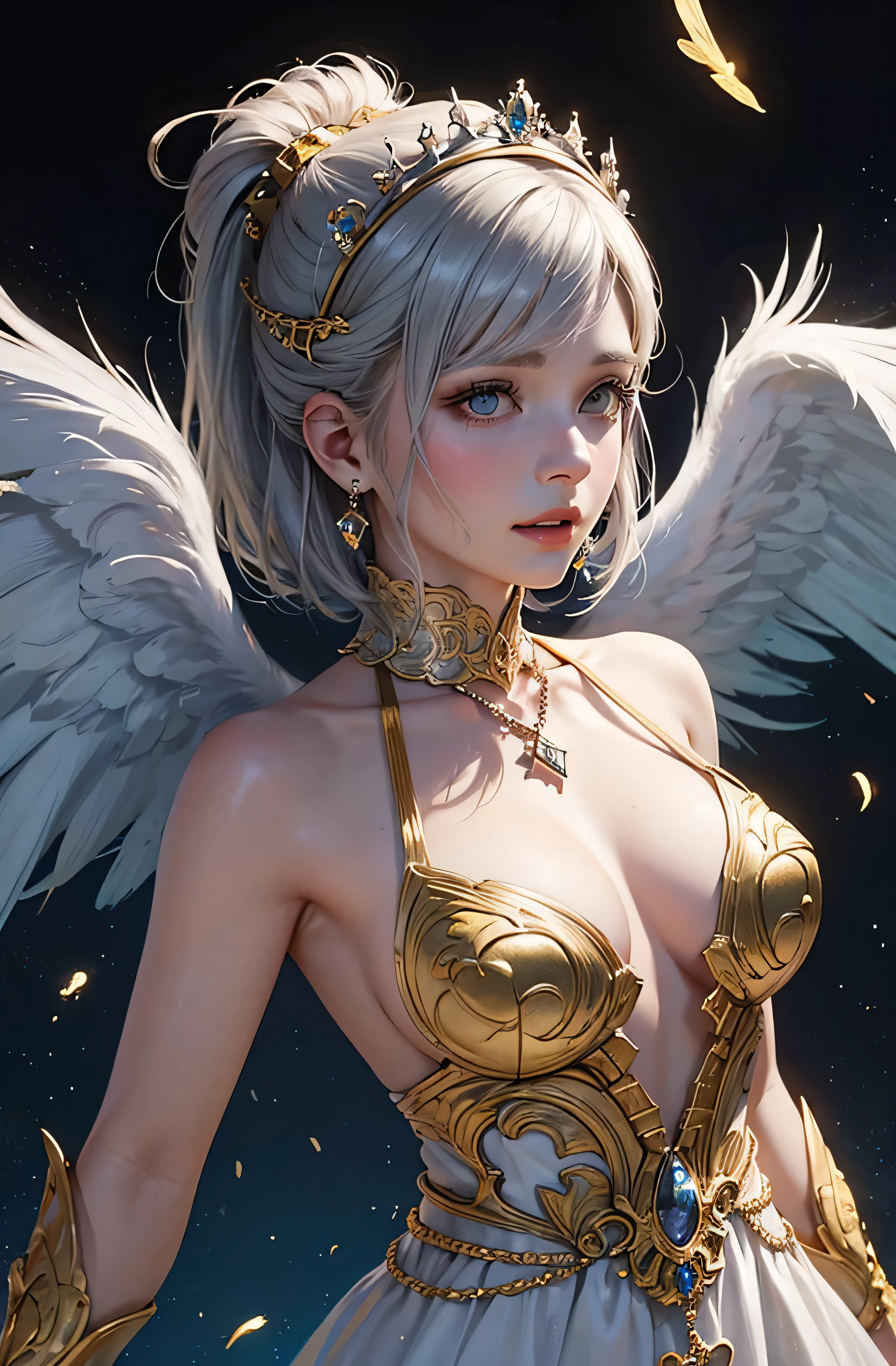Castle in the distance、face is front、Looking at the camera、profile、8K、real photo、ultra high resolution, Master Parts, best quality, ticker , cinematic images,nice girl、Ann、16 only、Annグロサクソン、double eyelid、droopy eyes、very big eyes、eyes are purple、Dark eye shadow、lips are very thin、The tip of the nose stretches beautifully.......................................................、small nose,,,,, very detailed , silver hair、straight short hair、smile、 sweet look 、)、Very clear shadows , jewelry , detailed eyes, very complicated, shiny skin , パーフェクトブリリAnnト, perfect writing, dramatic shadow、White tiara on head、Gold necklace around the neck、White aristocratic dress with gold embroidery、glass high heels、angel wings