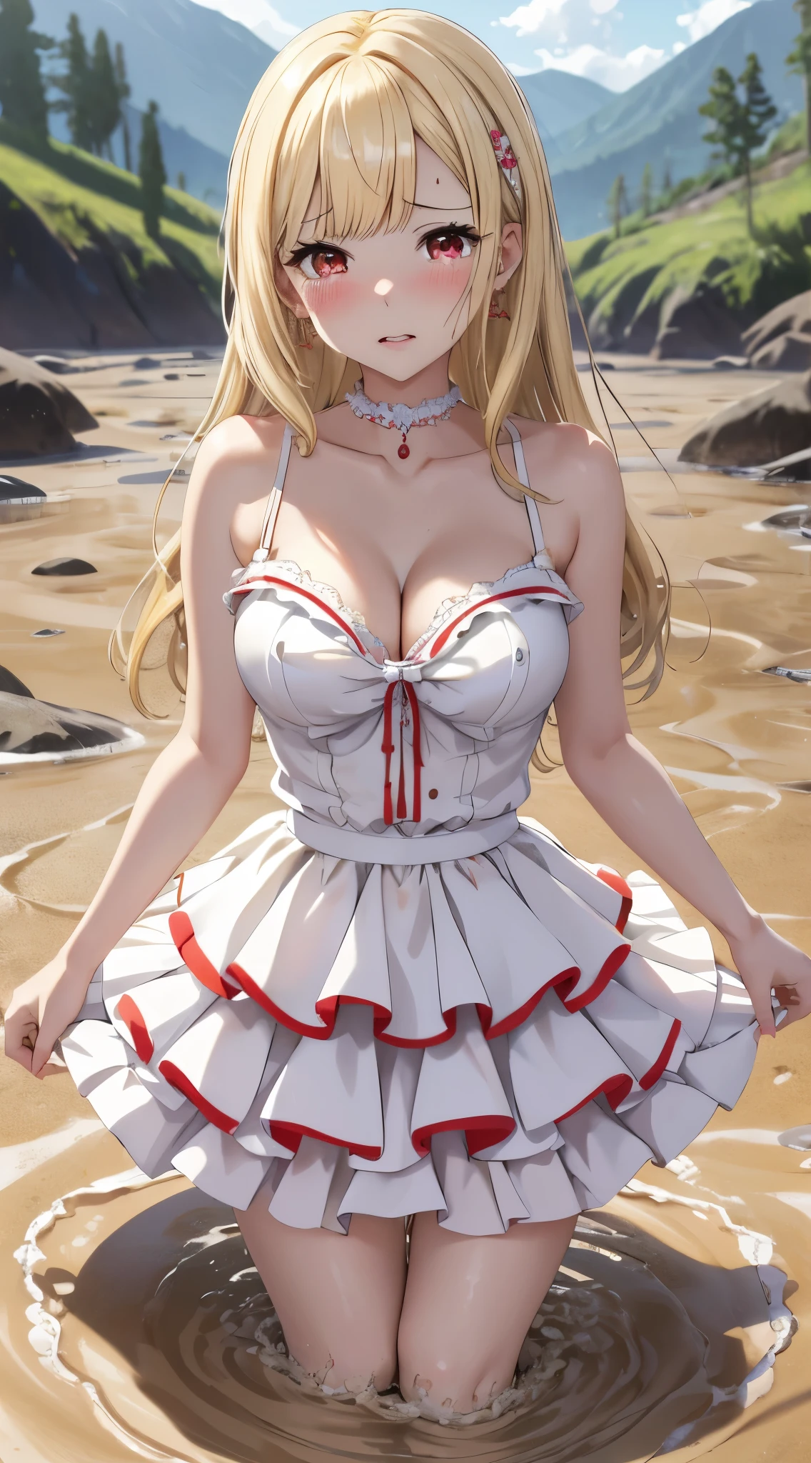 masterpiece, best quality, highres, kitagawa marin, 1girl, blonde hair, long hair, swept bangs, gradient hair, red eyes, jewelry, earrings, piercing, glossy lips, lips parted, tears, crying, white idol dress, puffy skirt, flared skirt, cleavage, partially submerged, (quicksand:1.3)