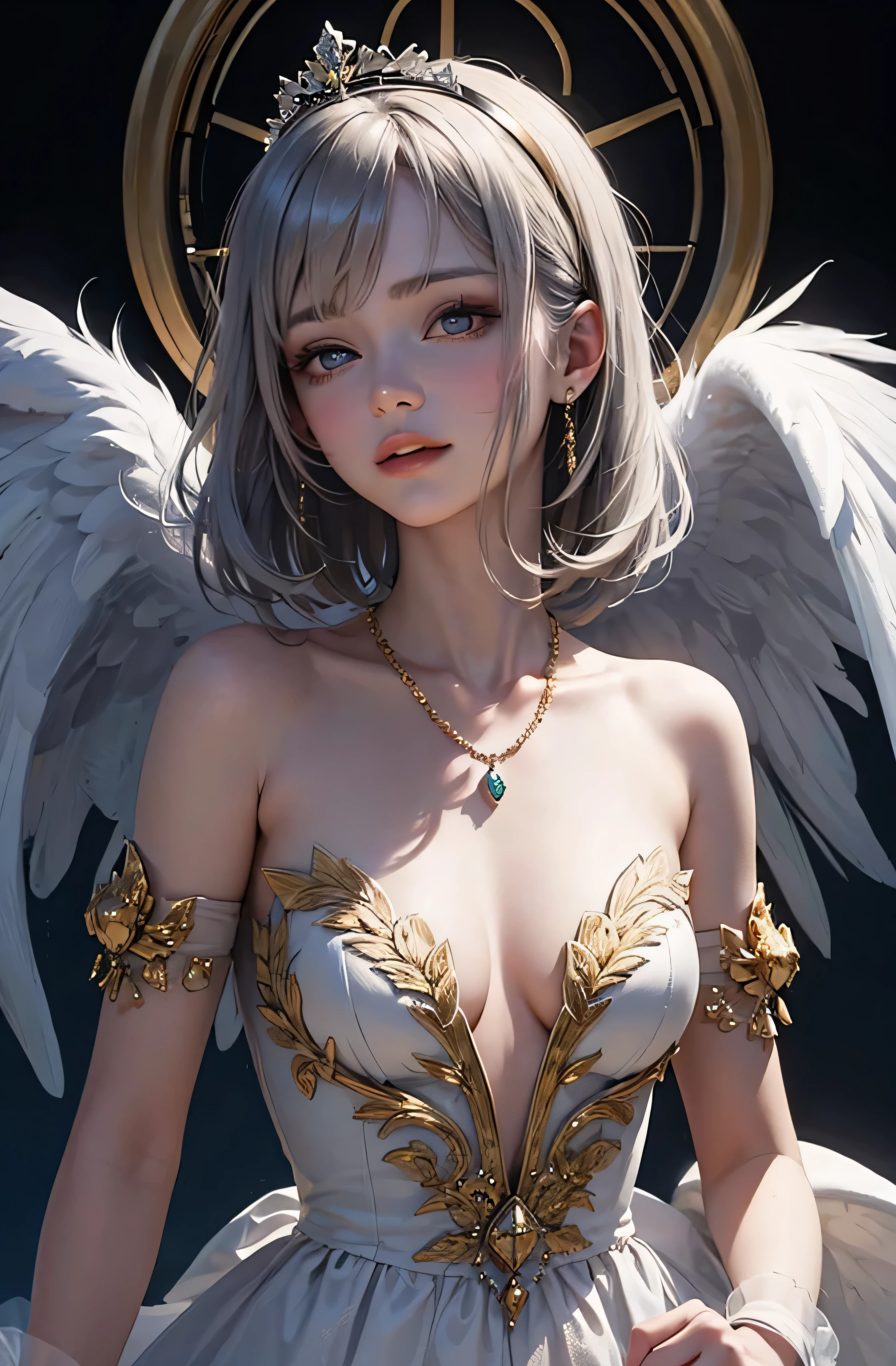 Castle in the distance、face is front、Looking at the camera、profile、8K、real photo、ultra high resolution, Master Parts, best quality, ticker , cinematic images,nice girl、Ann、16 only、Annグロサクソン、double eyelid、droopy eyes、very big eyes、eyes are purple、Dark eye shadow、lips are very thin、The tip of the nose stretches beautifully.......................................................、small nose,,,,, very detailed , silver hair、straight short hair、smile、 sweet look 、)、Very clear shadows , jewelry , detailed eyes, very complicated, shiny skin , パーフェクトブリリAnnト, perfect writing, dramatic shadow、White tiara on head、Gold necklace around the neck、White aristocratic dress with gold embroidery、glass high heels、angel wings